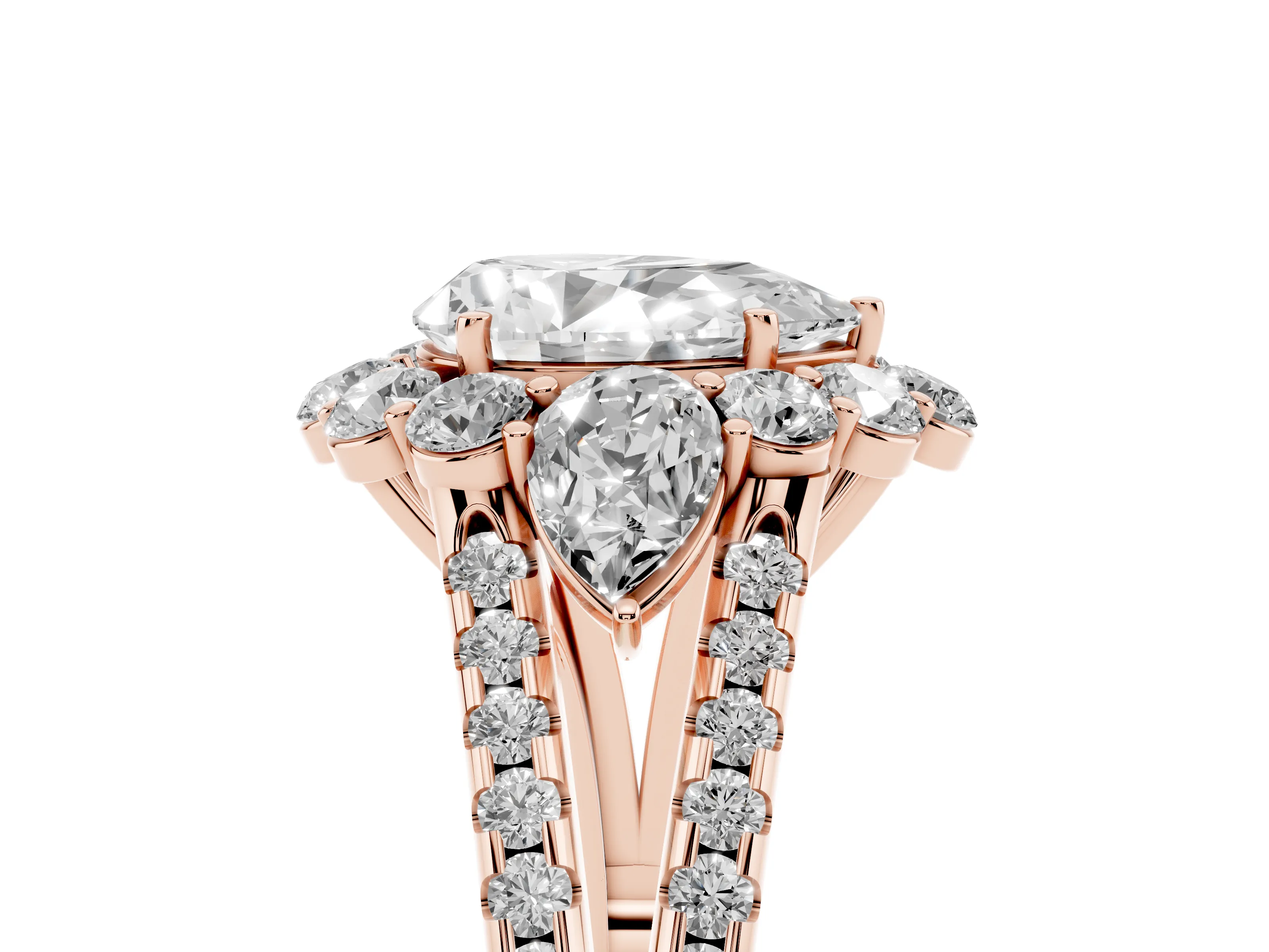 Pear Cut Diamond Halo Split Shank Engagement Ring Set in Rose gold with Prong-Held Center Stone