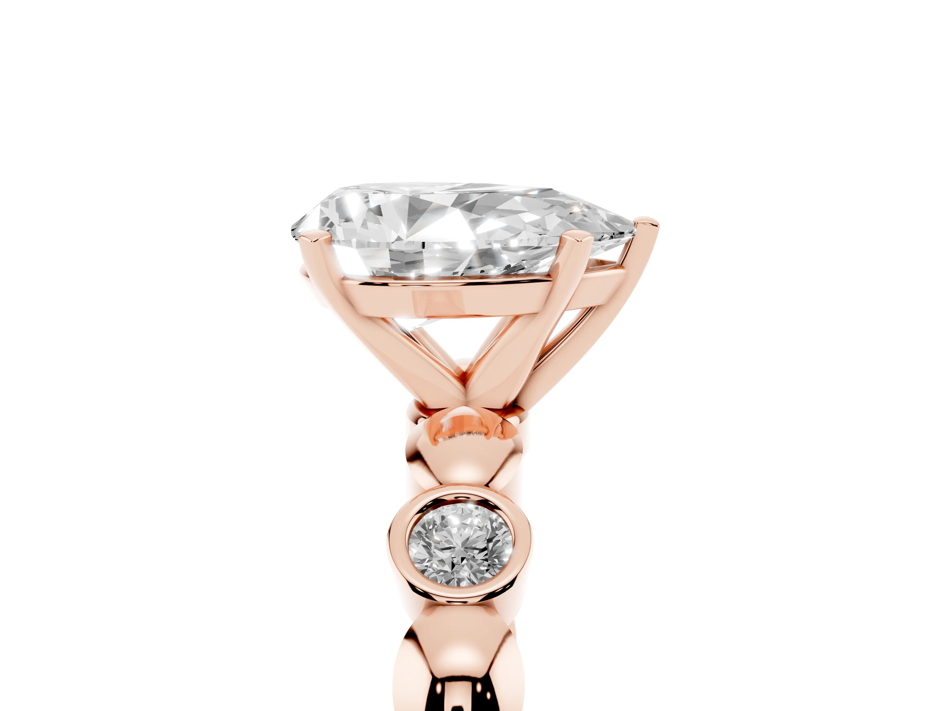Pear Cut Diamond Solitaire Ring Set in Rose gold with Bezel-Set Accents on Beaded Band and Prong Setting