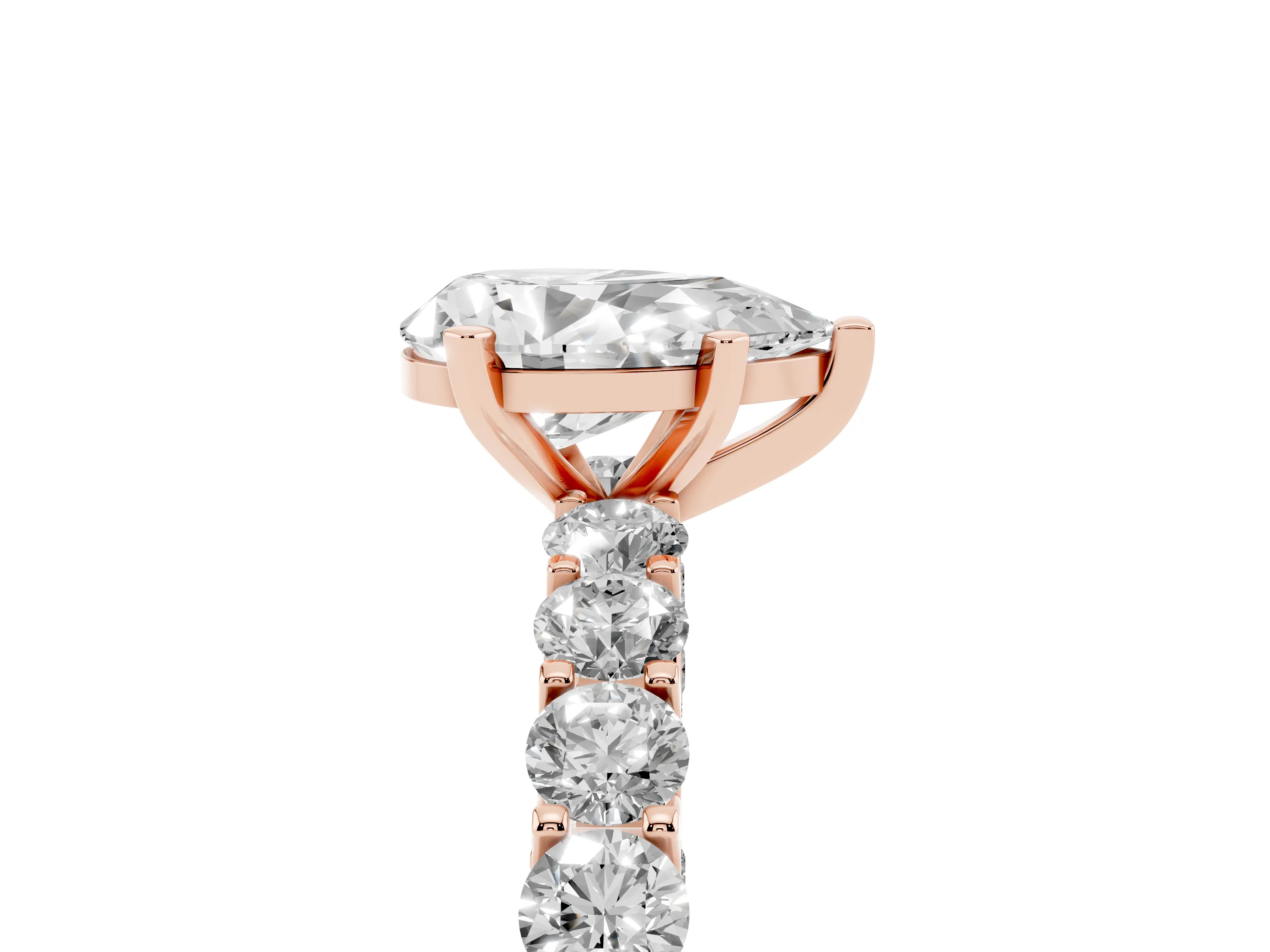 Pear Cut Diamond Solitaire Ring Set in Rose gold with Shared Prong Pavé Band