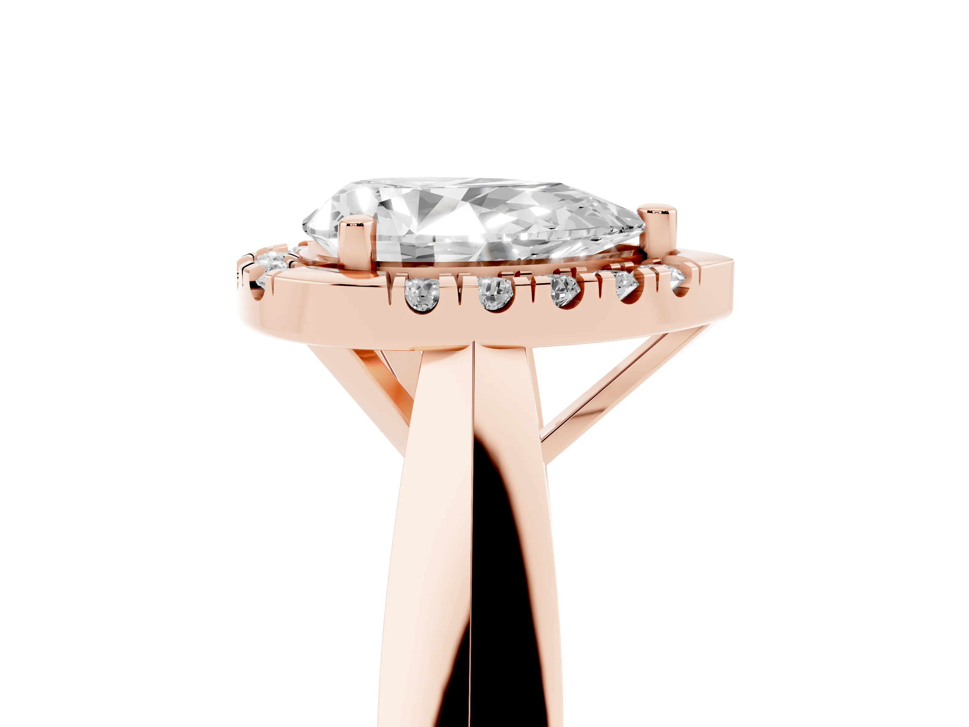 Pear Cut Diamond Halo Solitaire Engagement Ring Set in Rose gold with Square Band and Prong Setting