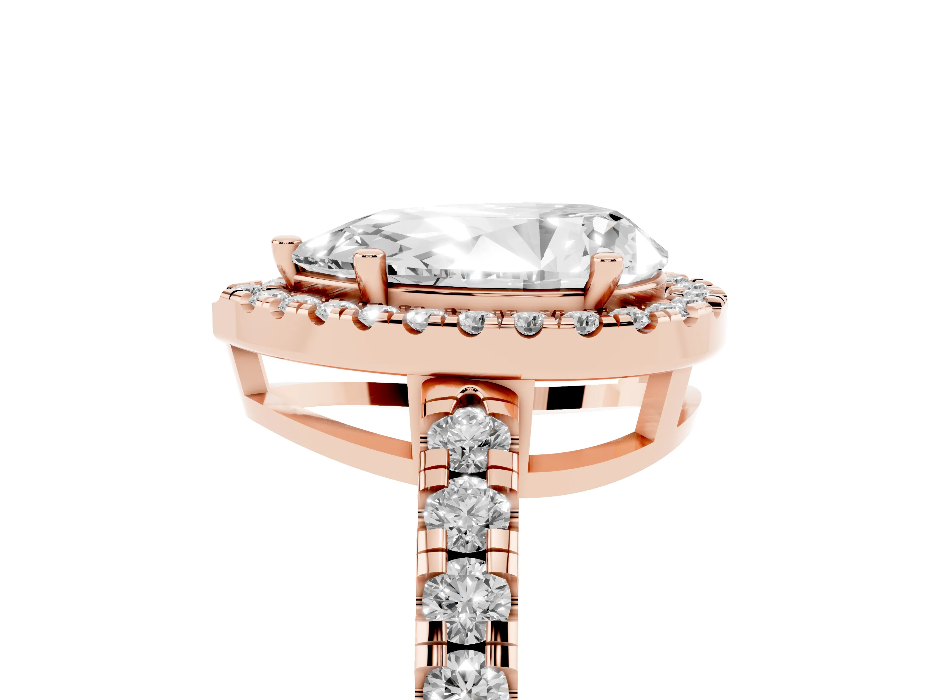 Pear Cut Diamond Halo Ring Set in Rose gold with Delicate Pavé Band and Prong Setting