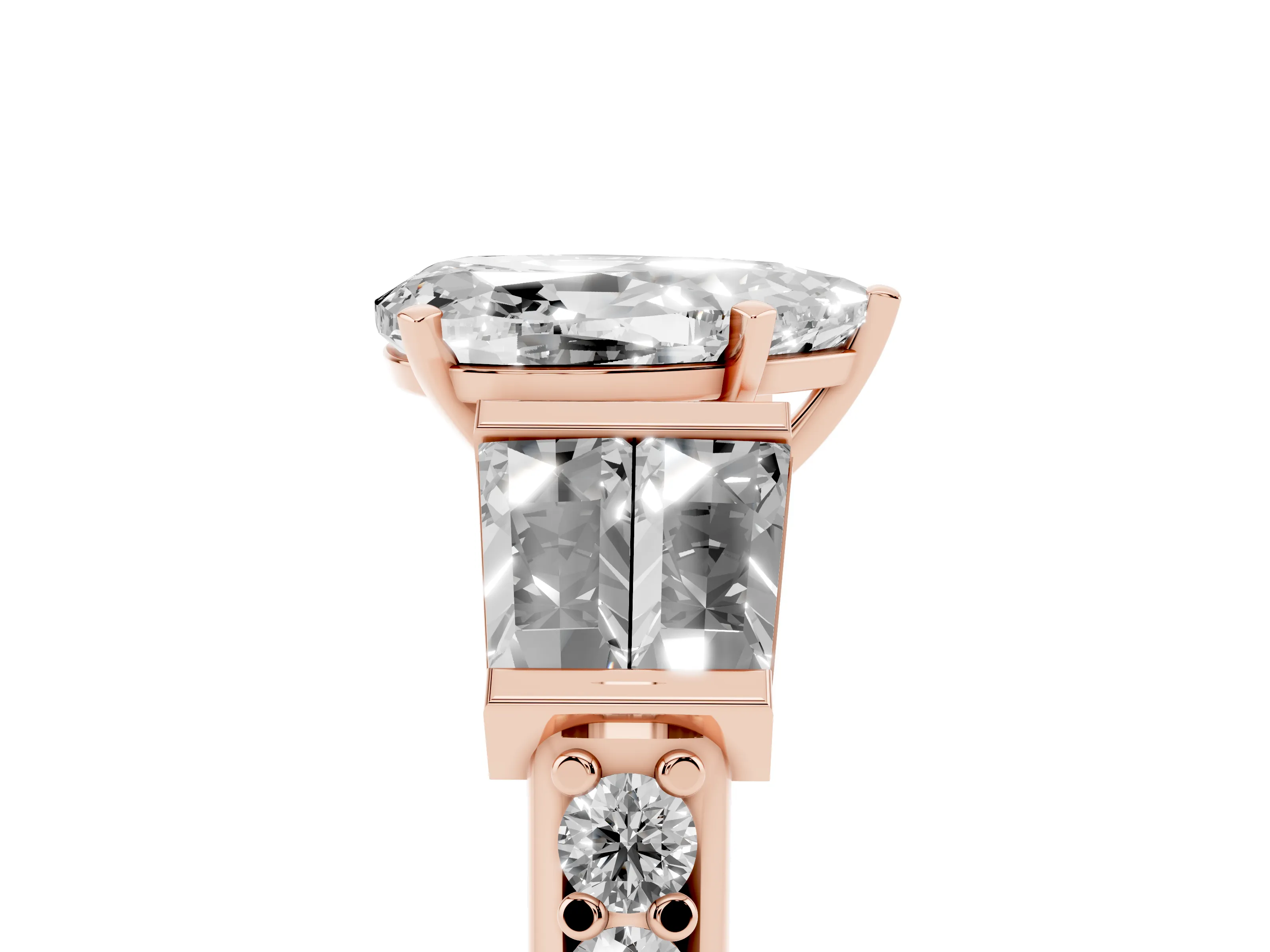 Pear Cut Diamond Engagement Ring Set in Rose gold with Baguette Side Stones and Channel Set Band