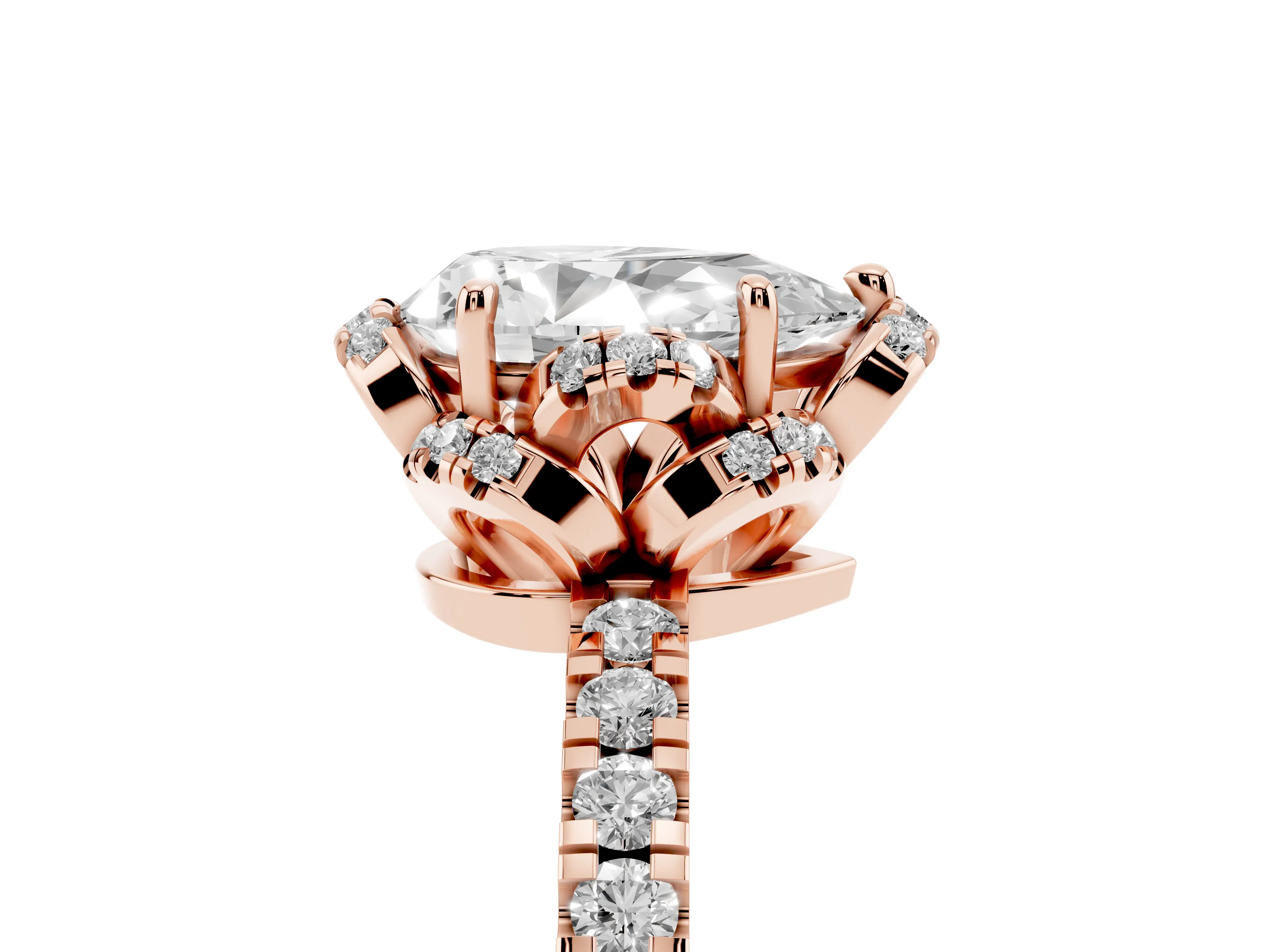 Pear Cut Diamond Halo Pavé Band Ring Set in Rose gold with Prong-Held Center
