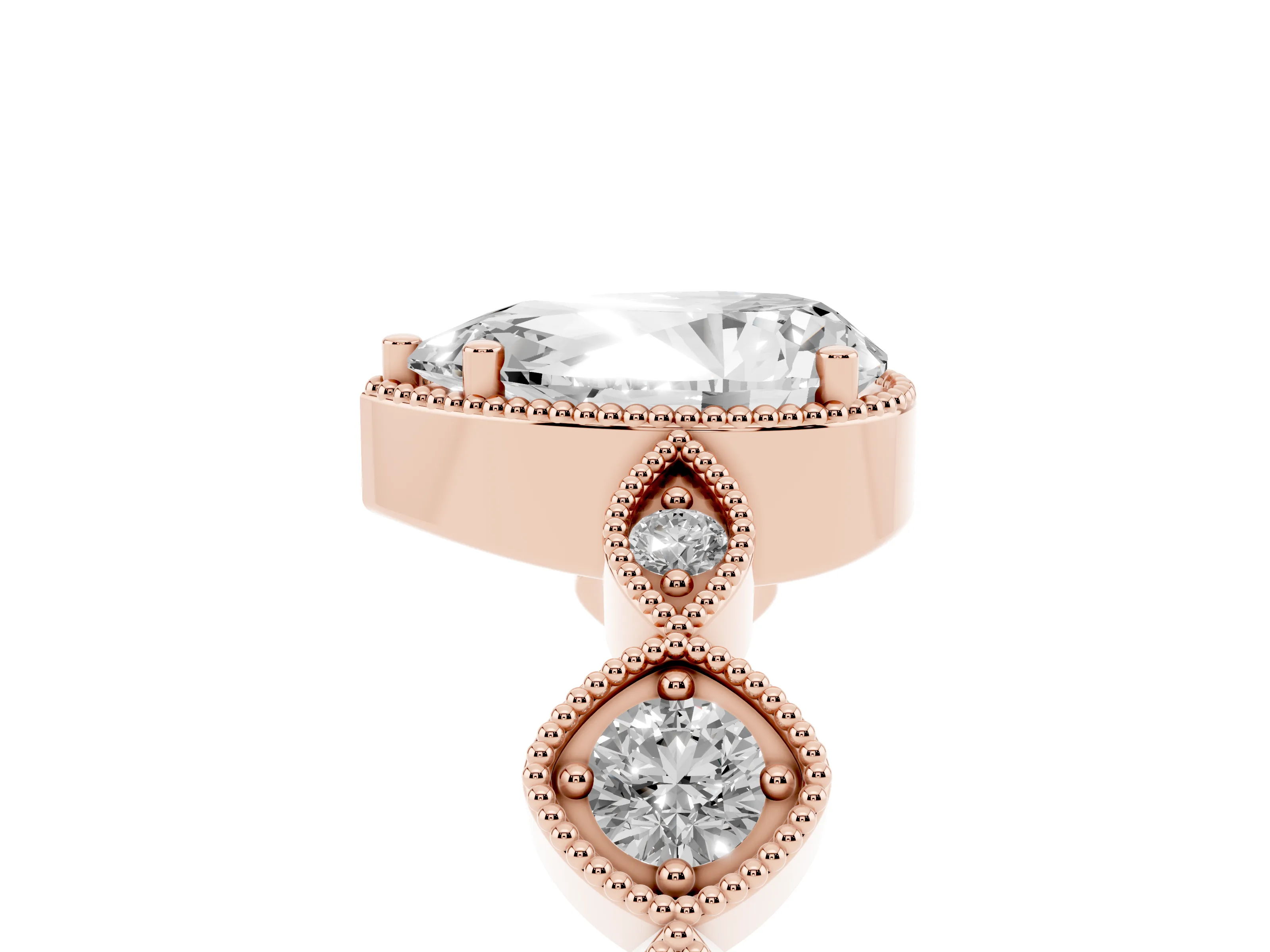 Pear Cut Diamond Vintage-Inspired Milgrain Ring Set in Rose gold with Marquise Stations of Round Accents