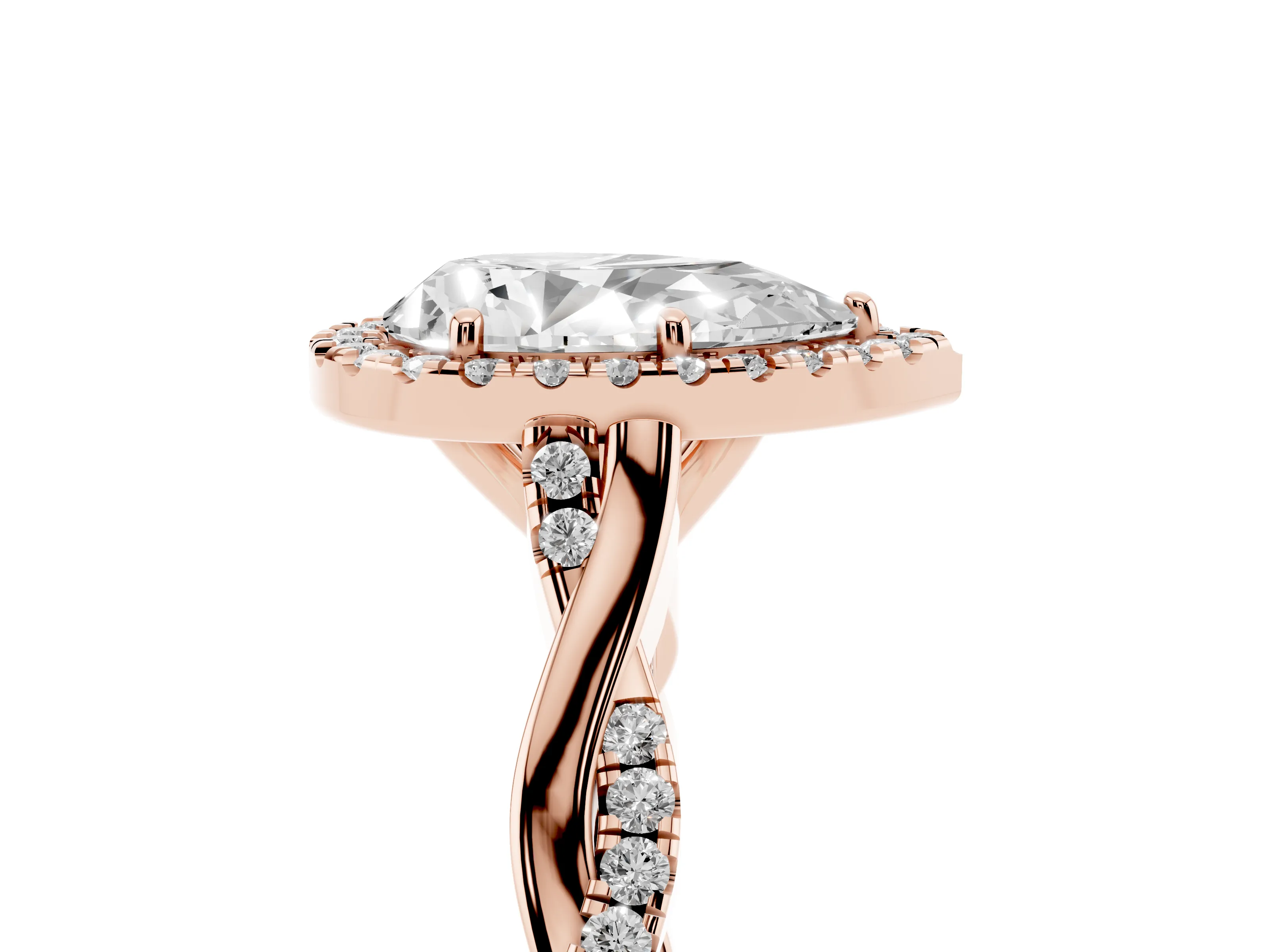 Pear Cut Diamond Halo Twist Band Solitaire Ring Set in Rose gold with Prong Setting