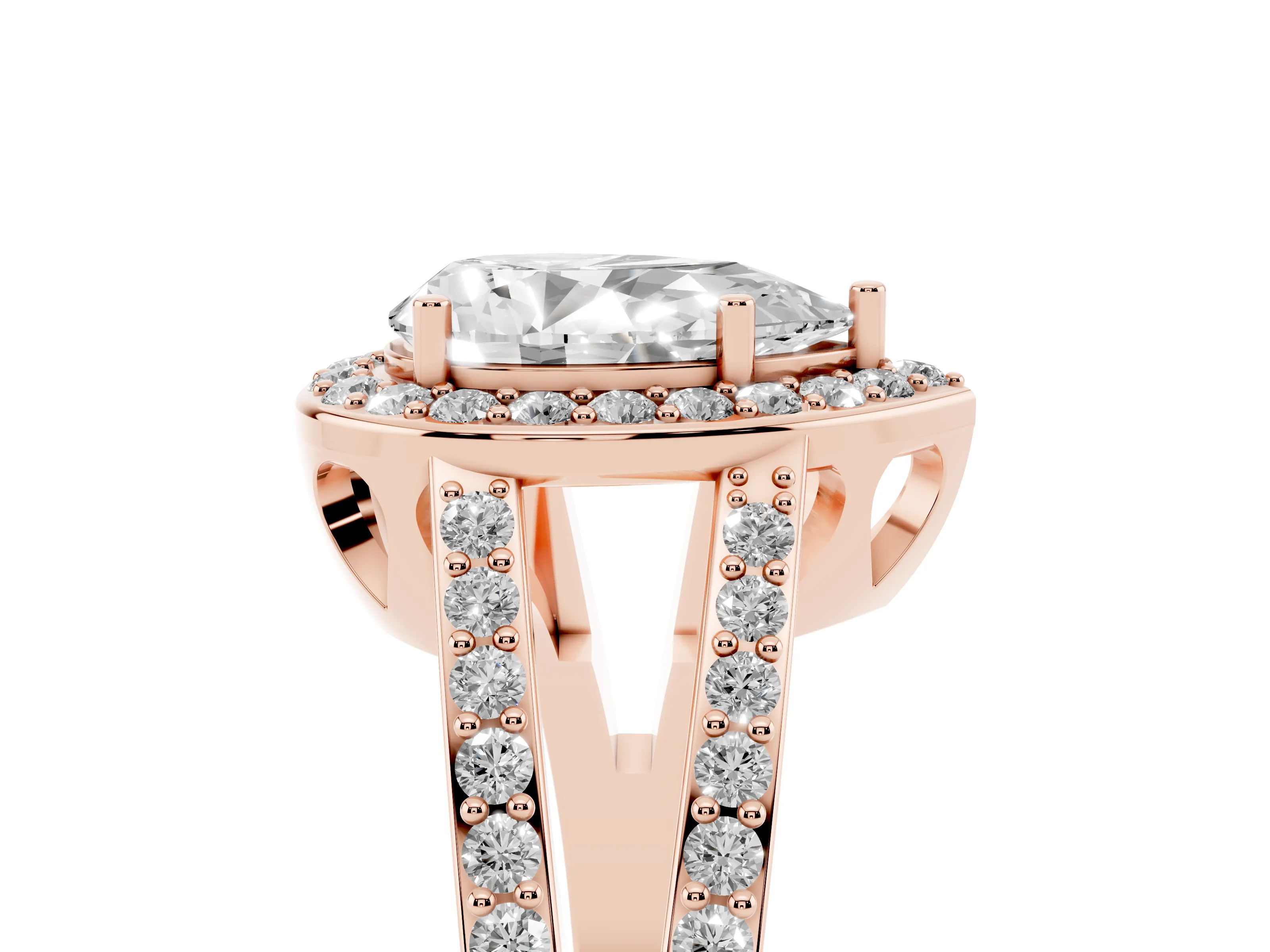 Pear Cut Diamond Halo Ring Set in Rose gold with U-Prong Split Shank and Prong Setting