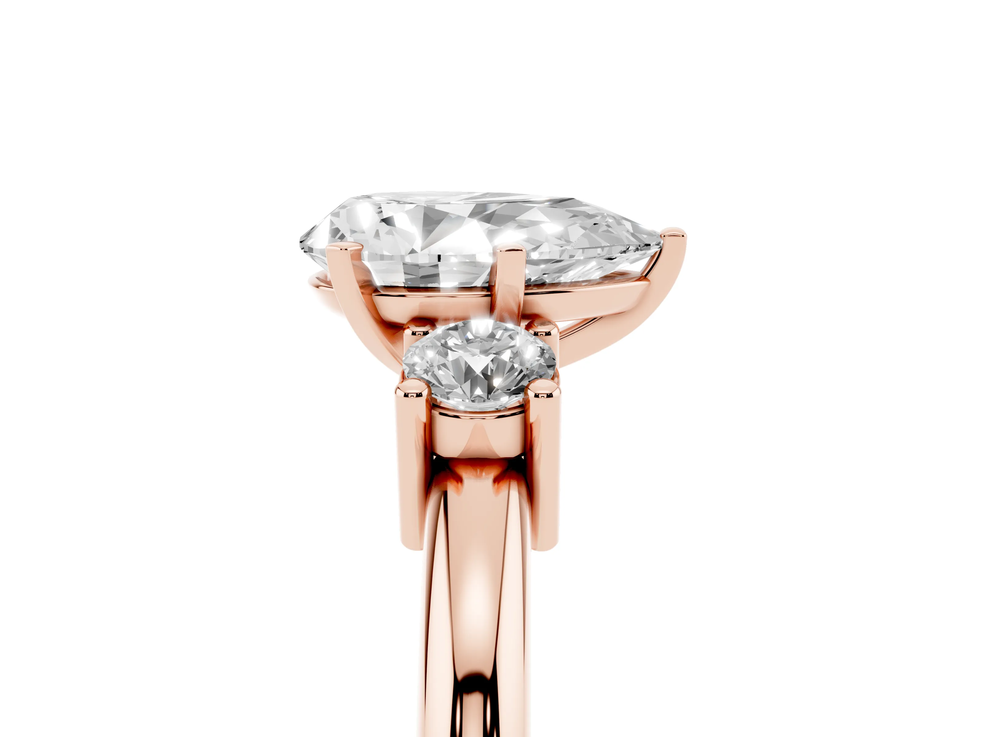 Three-Stone Pear Cut Diamond Ring Set in Rose gold with Prong Setting and Plain Band