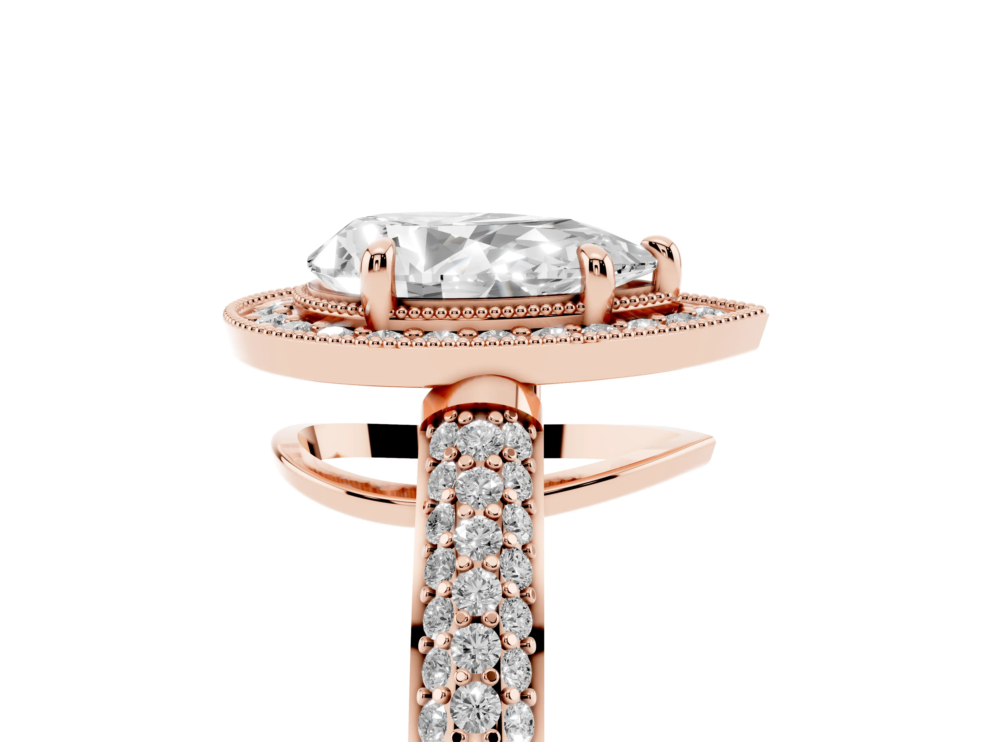 Pear Cut Diamond Halo Pavé Band Set in Rose gold with Prong Setting