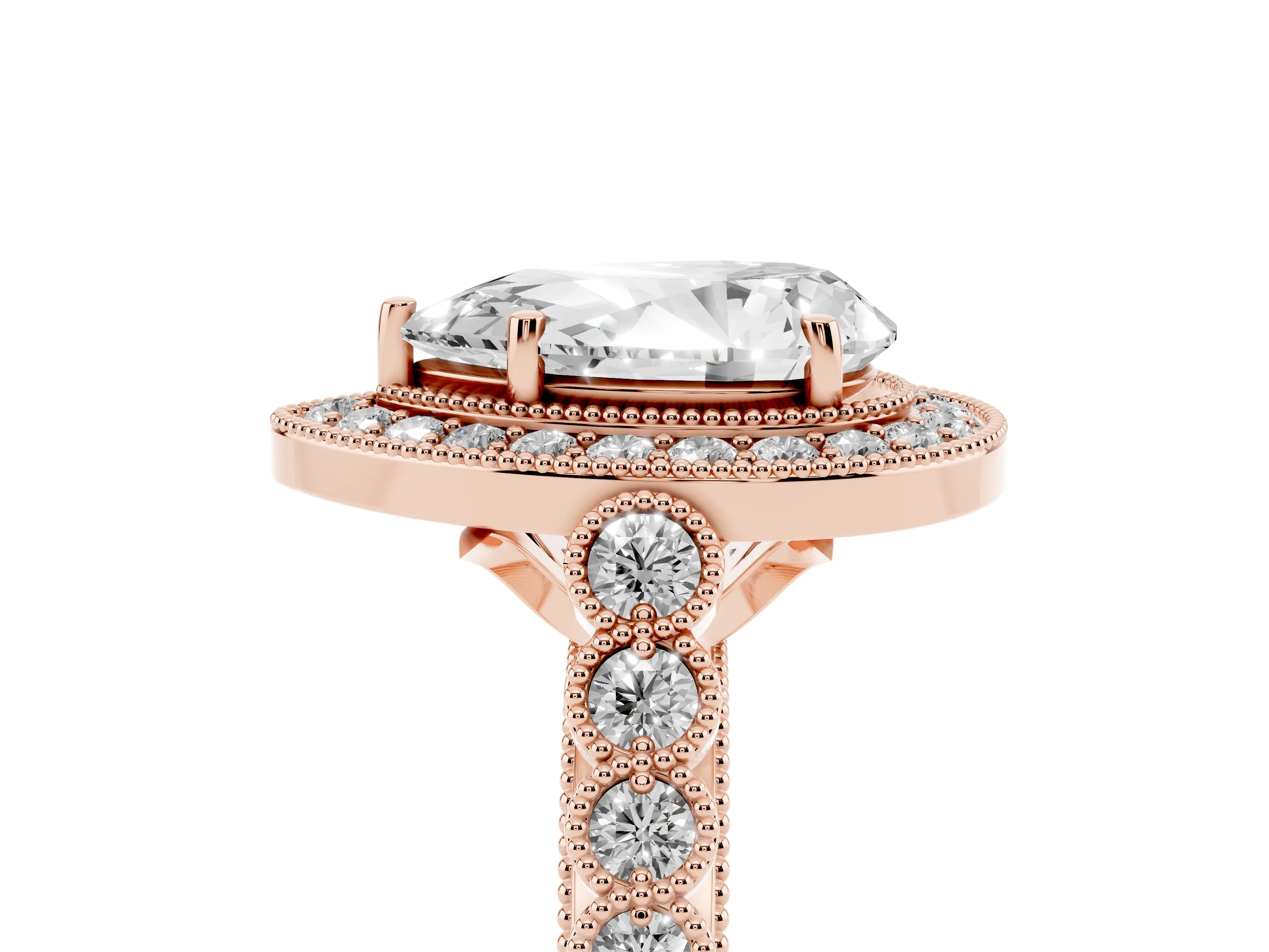 Pear Cut Diamond Milgrain Halo Solitaire Ring Set in Rose gold with Bezel Set Side Stones and Pavé Band