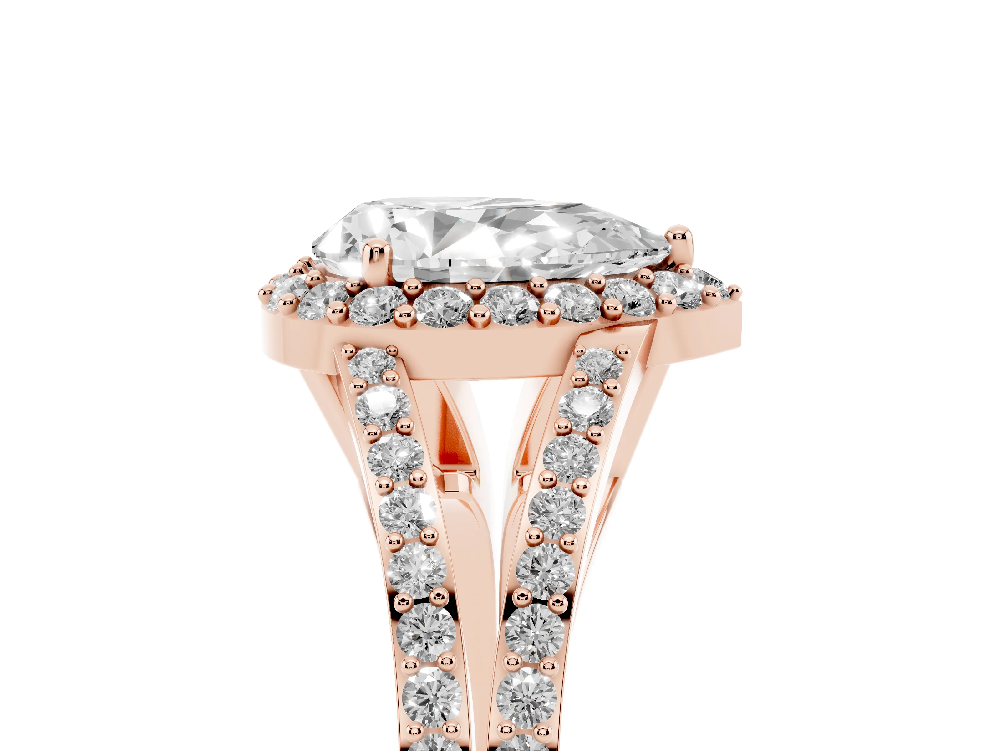 Pear Cut Diamond Halo Split Shank Pavé Ring Set in Rose gold with Prong Setting