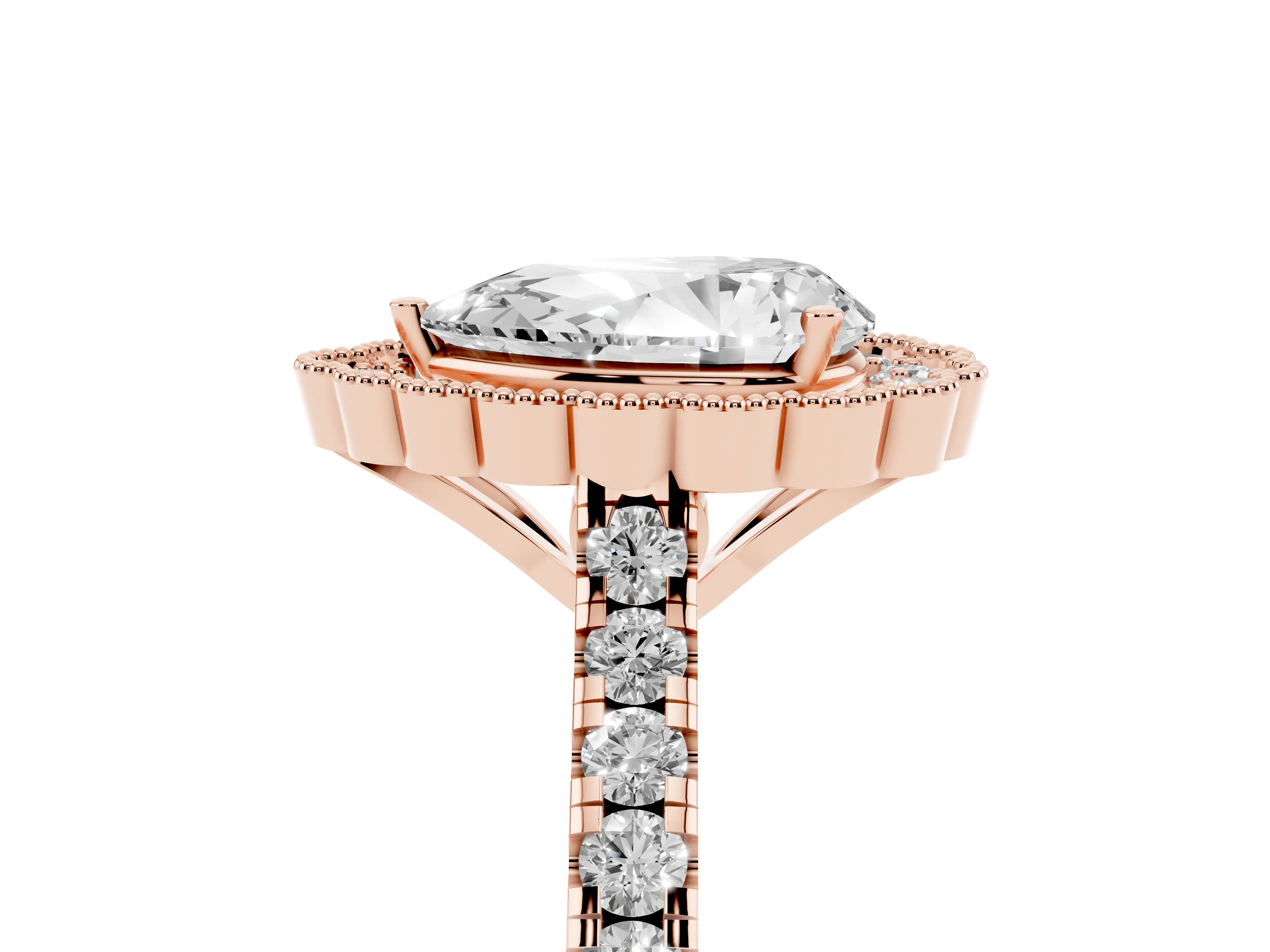 Pear Cut Diamond Milgrain Floral Halo Engagement Ring Set in Rose gold with Pavé Band