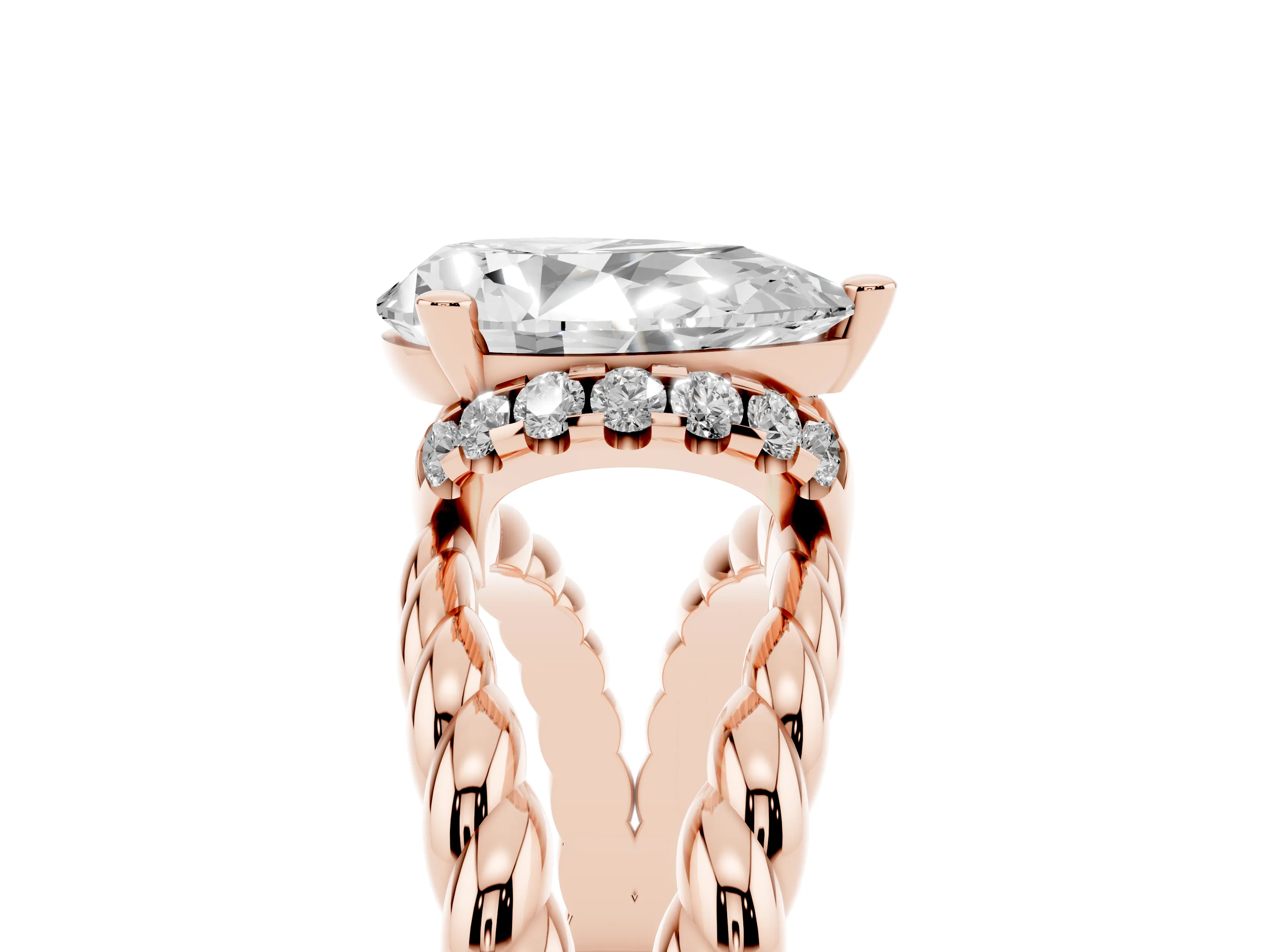 Pear Cut Diamond Halo Ring Set in Rose gold with Twisted Band and Prong Setting