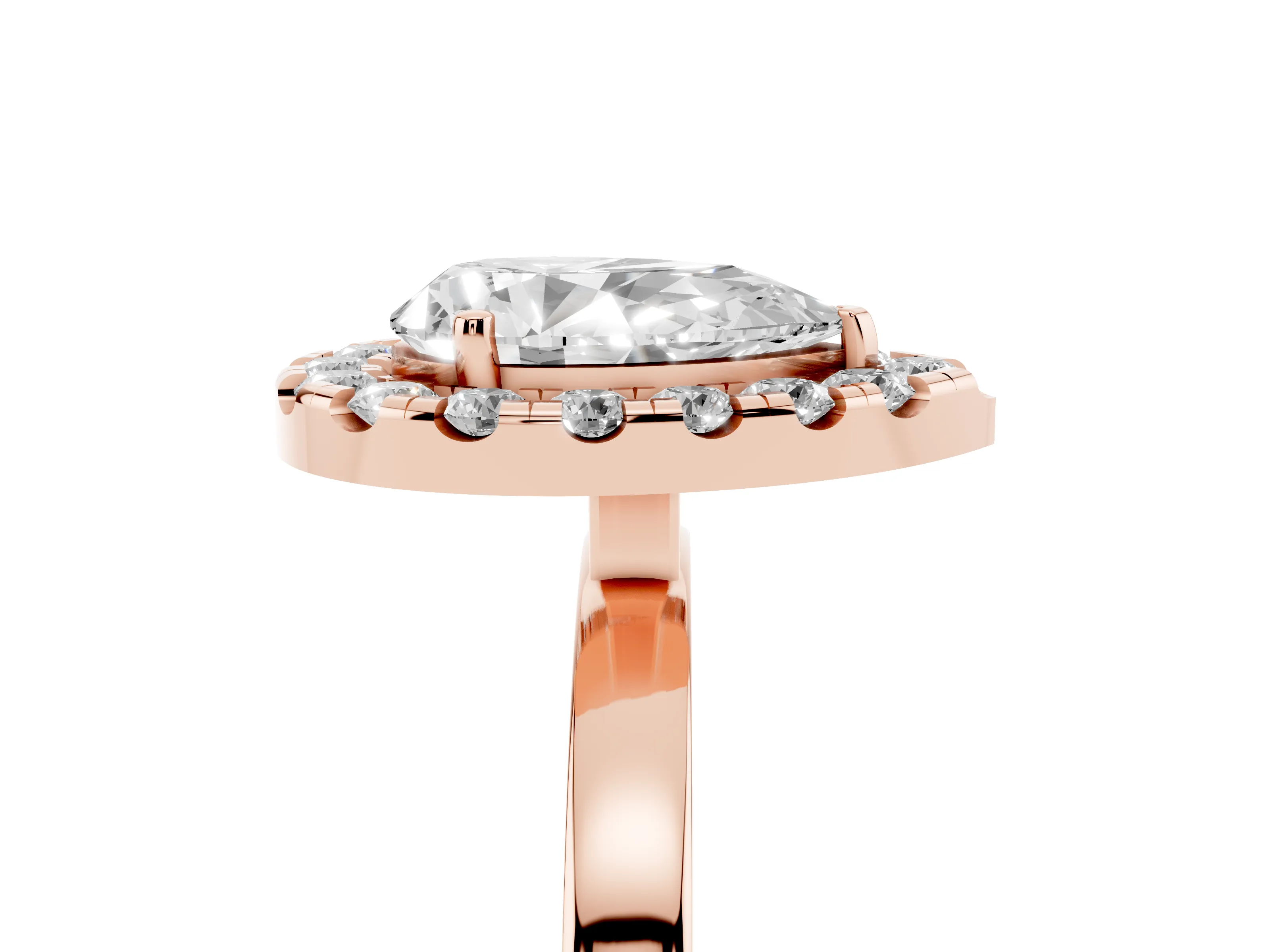 Pear Cut Diamond Halo Solitaire Ring Set in Rose gold with Pavé Band and Prong Setting