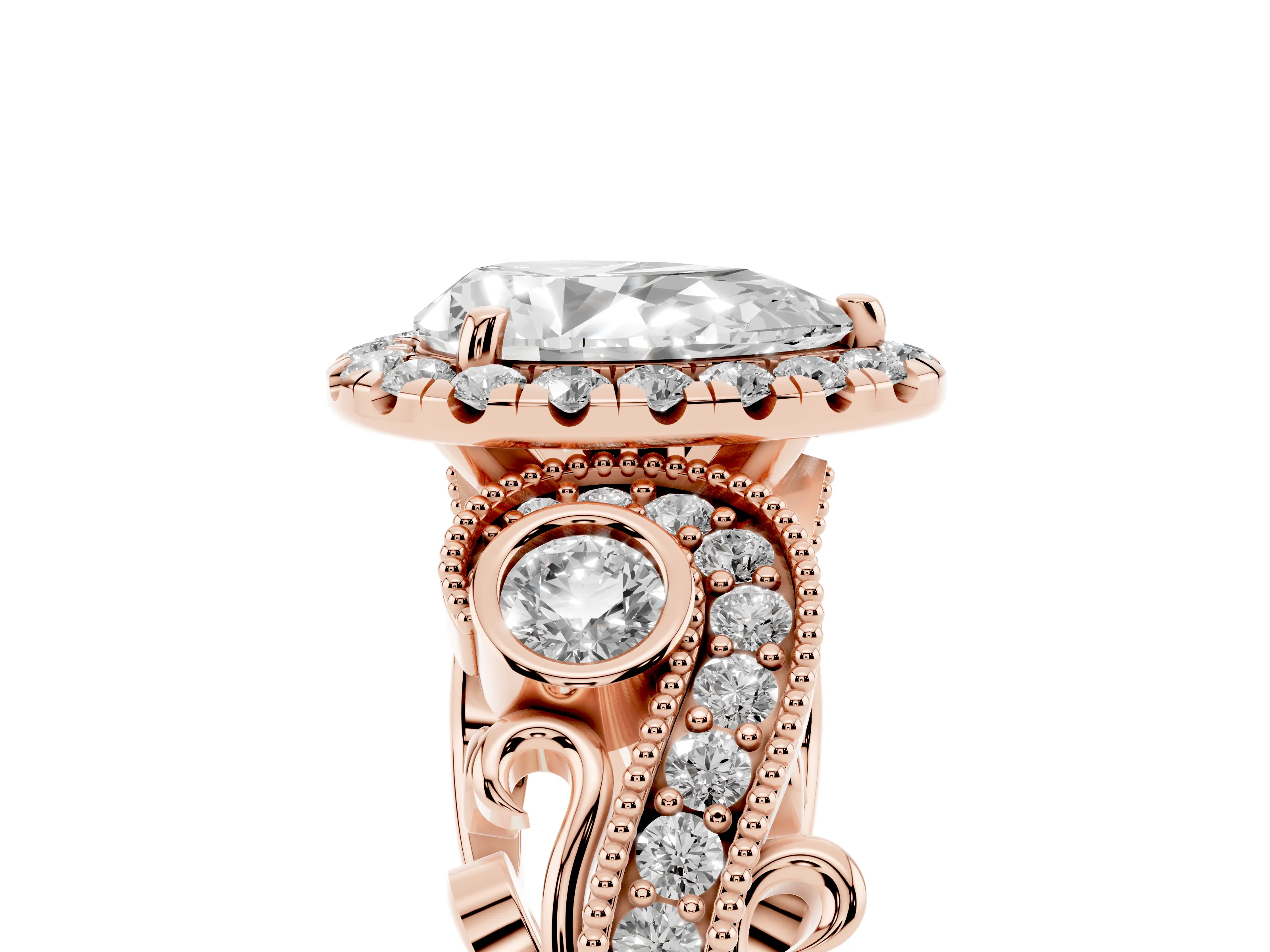 Pear Cut Diamond Halo Ring Set in Rose gold with Milgrain Pavé Band and Prong Setting