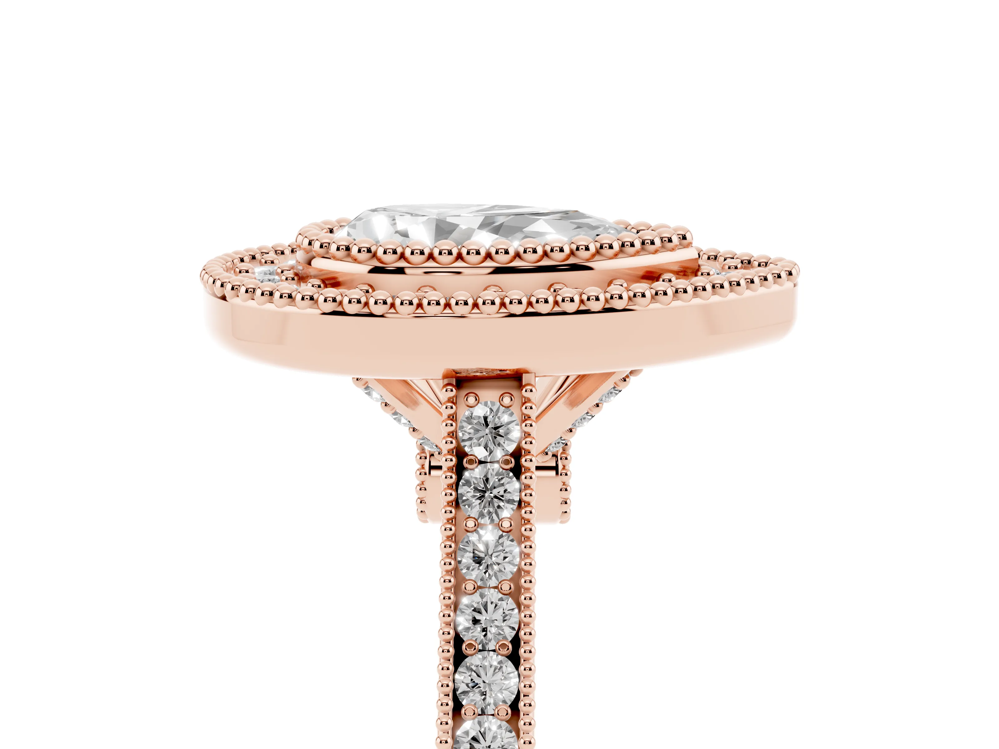 Pear Cut Diamond Halo Ring Set in Rose gold with Milgrain Frame and Pavé Band