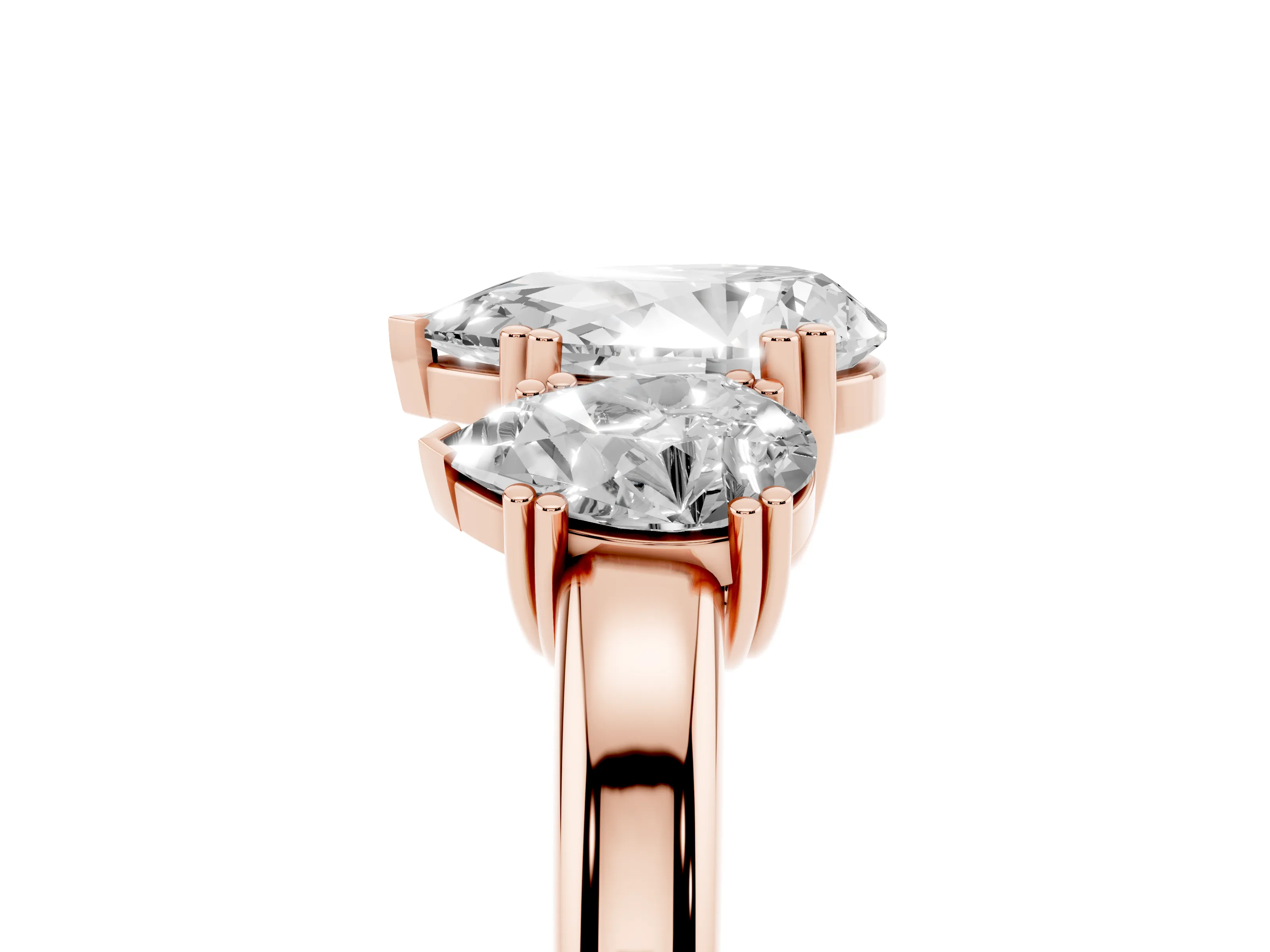 Pear Cut Diamond Three-Stone Ring Set in Rose gold with Polished Channel-Set Band