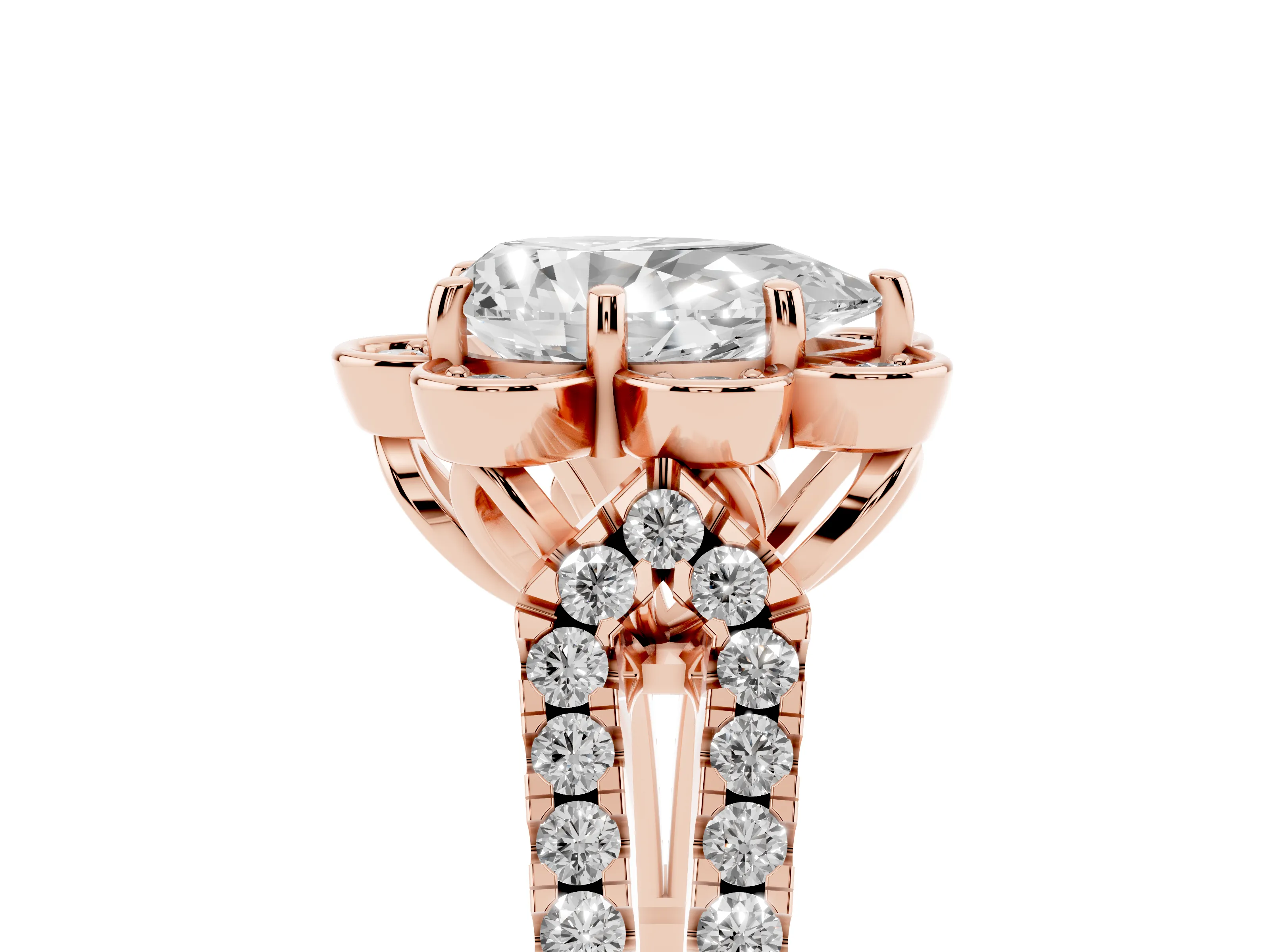 Pear Cut Diamond Floral Halo Split Shank Engagement Ring Set in Rose gold with Pavé Shank