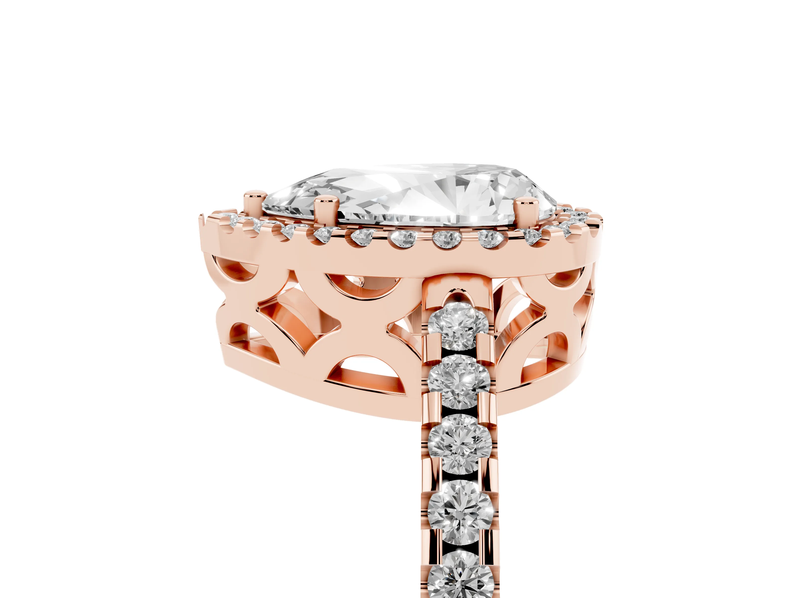 Pear Cut Diamond Halo Ring Set in Rose gold with Pavé Shoulders and Halo-Framed Center
