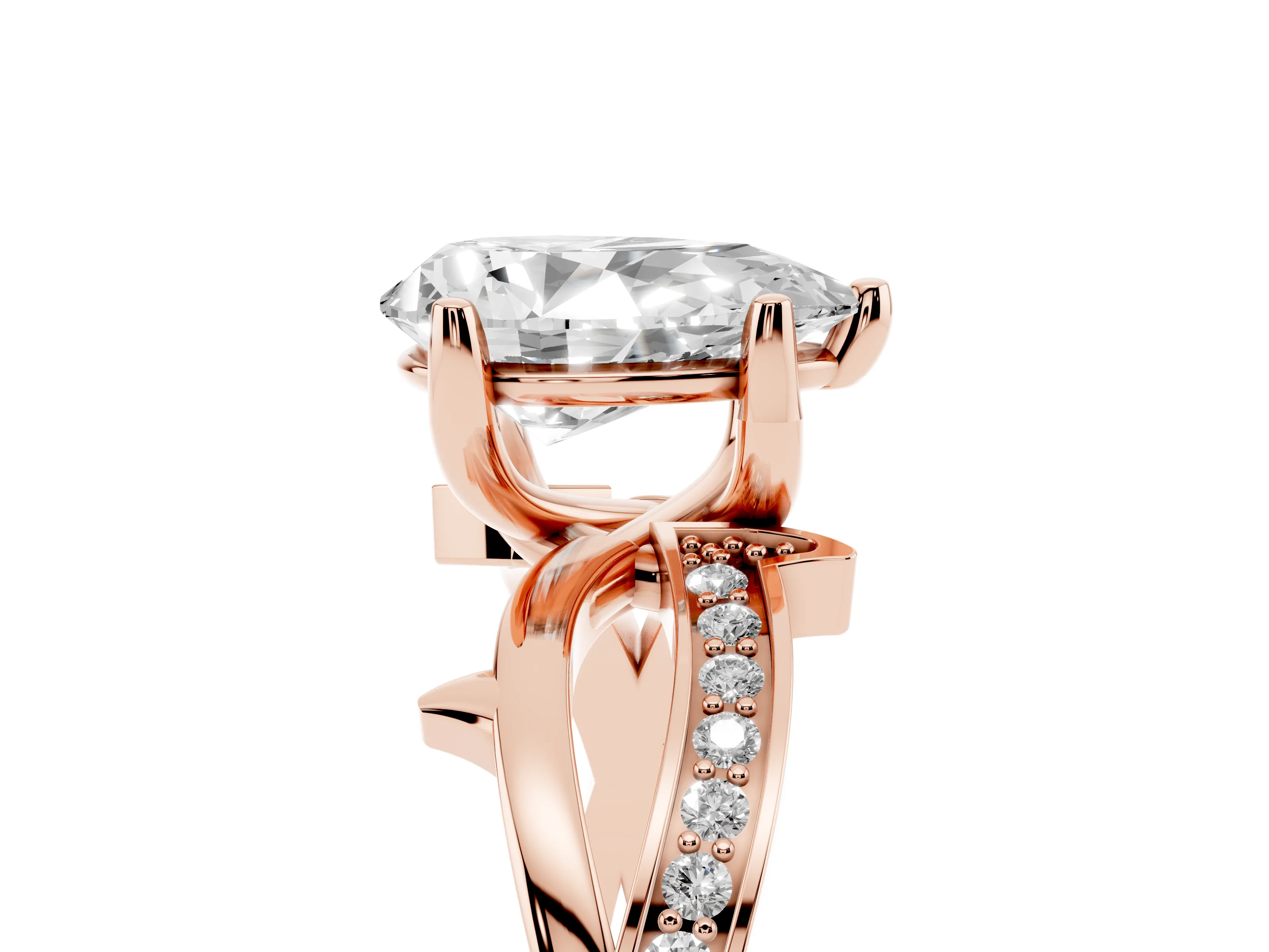 Pear Cut Diamond Pavé Twist Band Solitaire Ring Set in Rose gold with Prong Setting