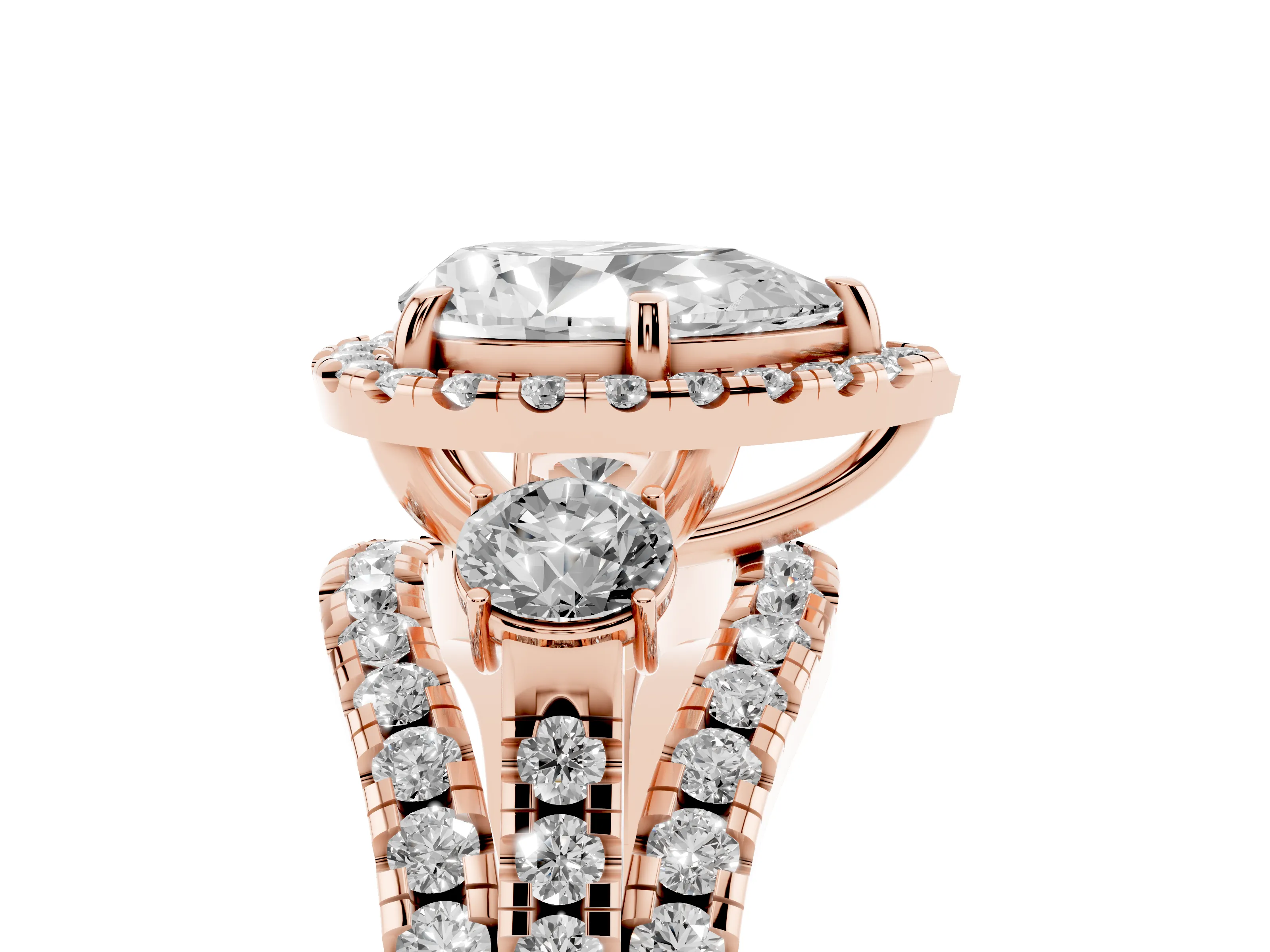 Pear Cut Diamond Halo Split Shank Ring Set in Rose gold with Round Accent Stones and Prong Setting