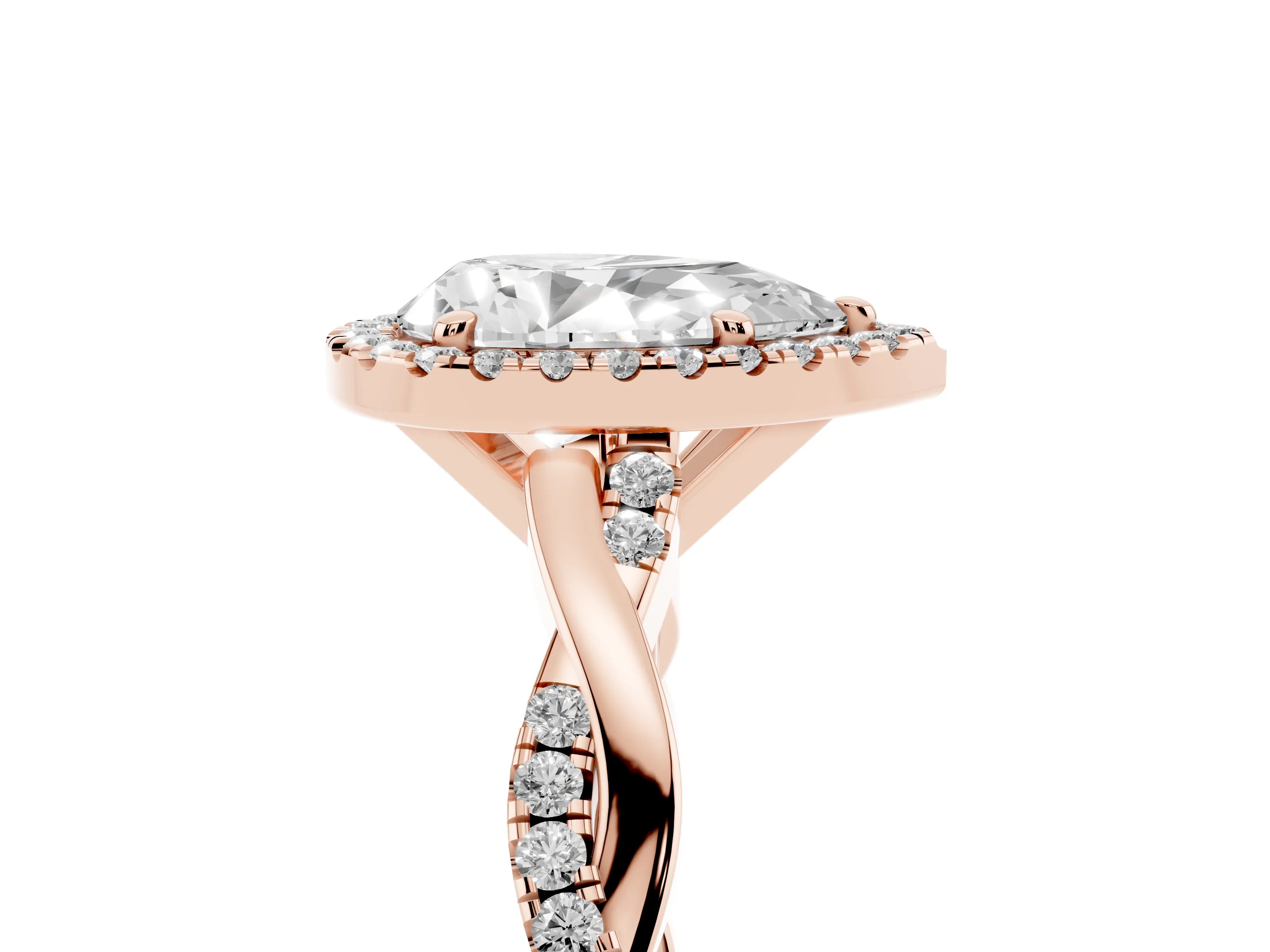 Pear Cut Diamond Halo Twisted Band Ring Set in Rose gold with Prong Setting