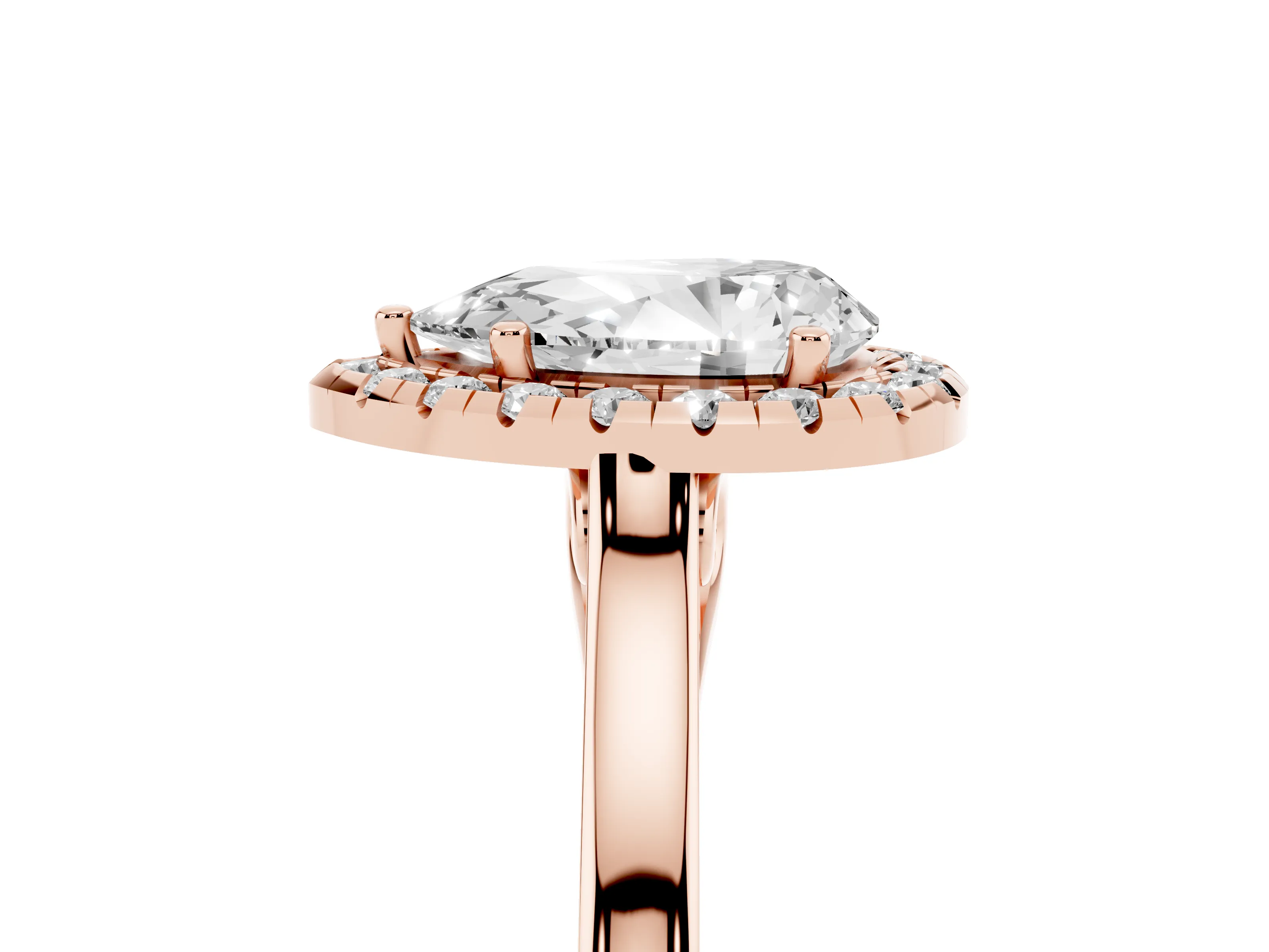 Pear Cut Halo Round Diamond Solitaire Ring Set in Rose gold with Pavé Band and Prong Setting