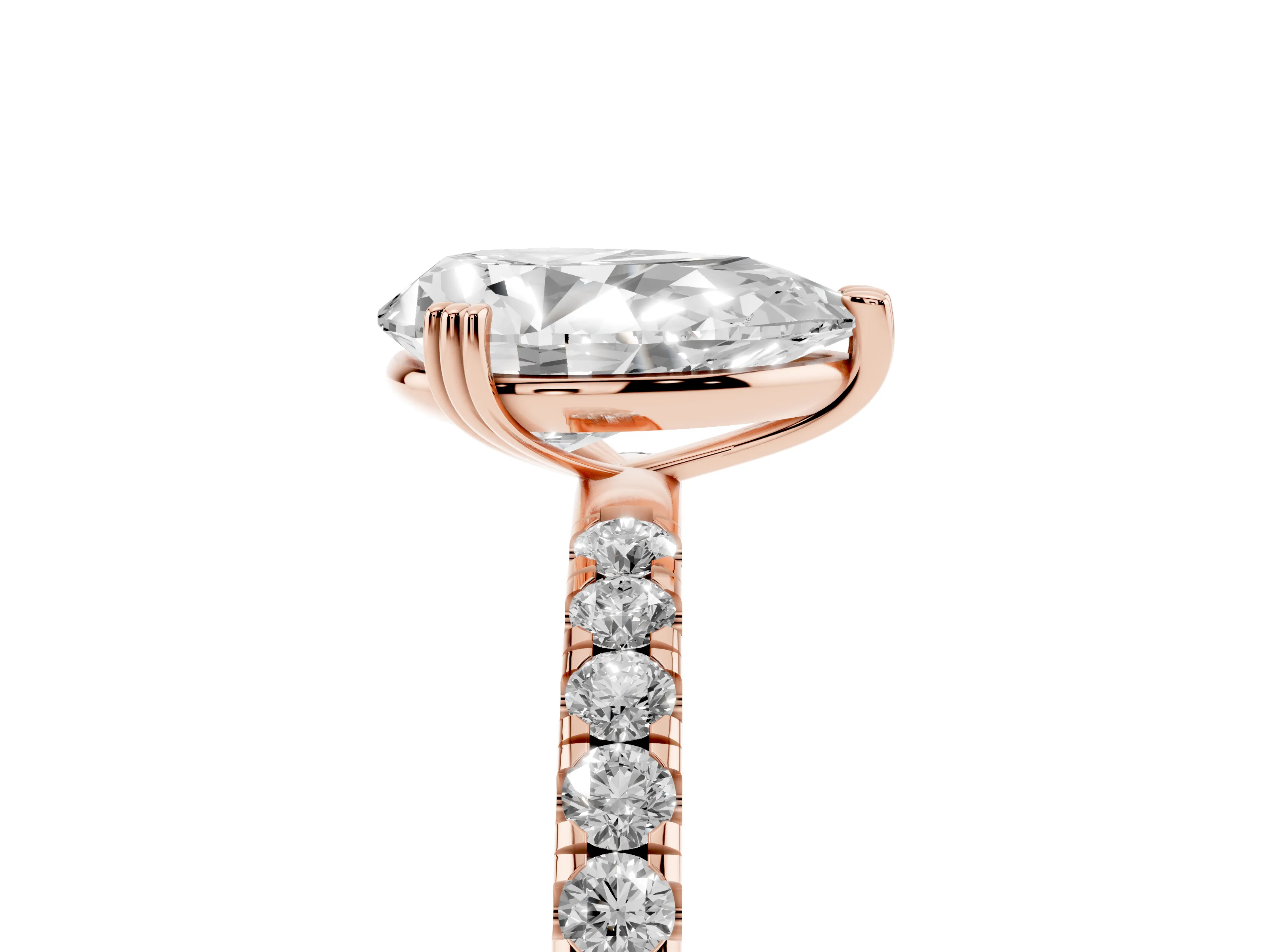 Pear Cut Diamond Brilliant Solitaire Set in Rose gold with Pavé Band and Claw Prong Setting