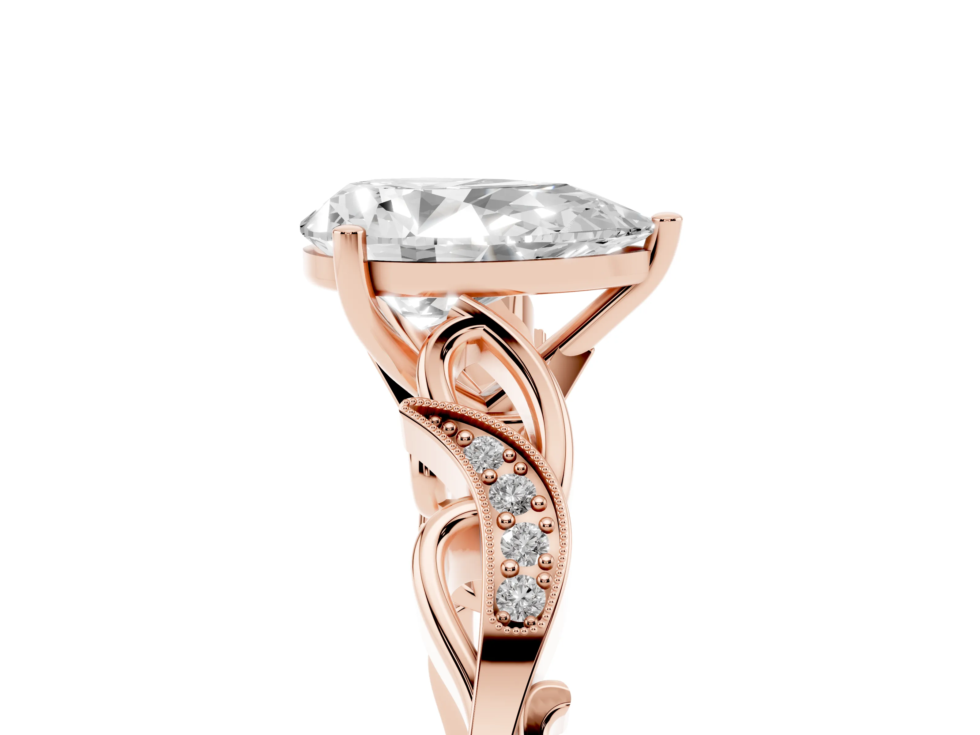 Pear Cut Diamond Vine Band Solitaire Ring Set in Rose gold with Milgrain Prong Setting