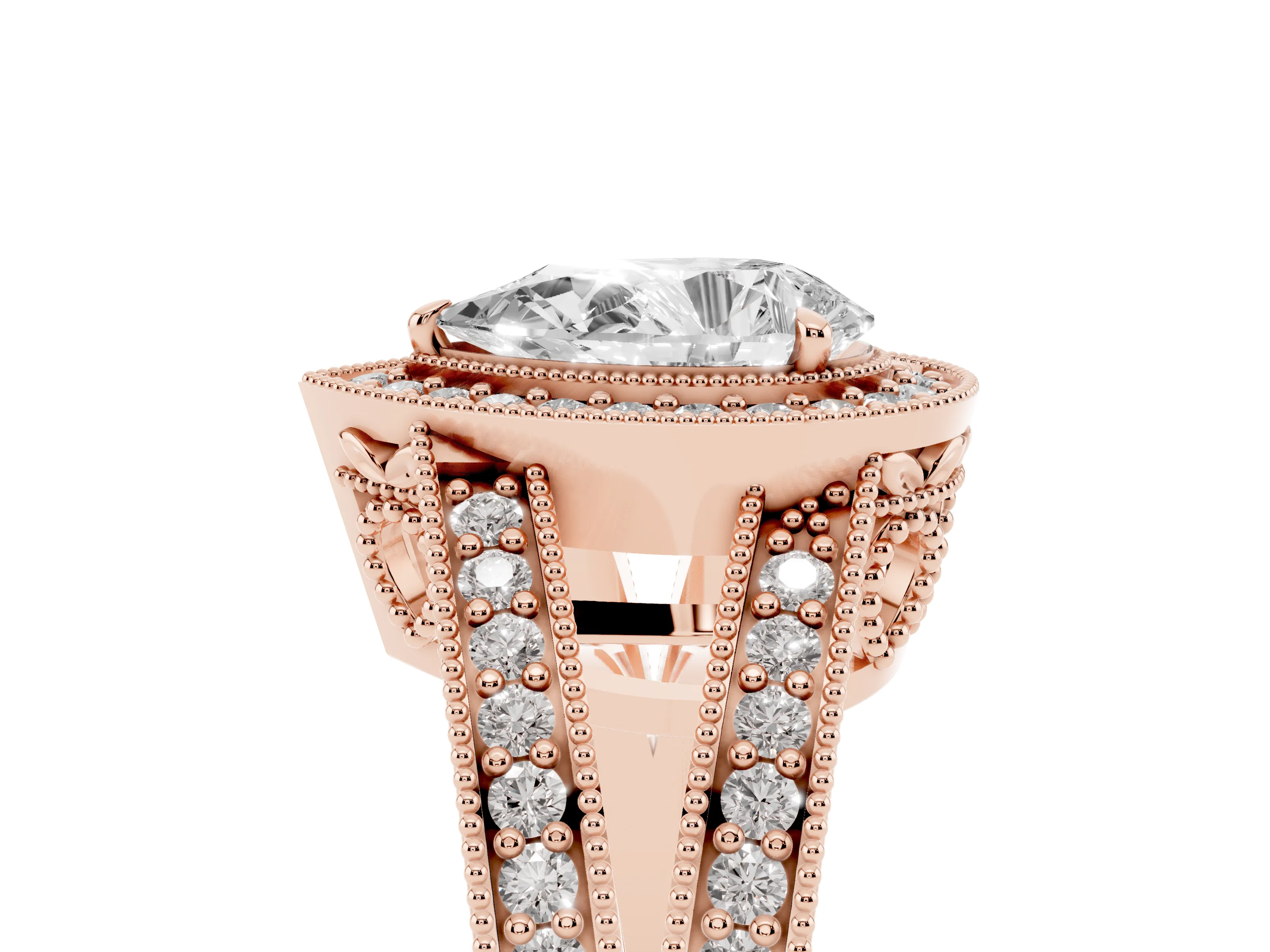 Pear Cut Diamond Halo Ring Set in Rose gold with Stone-Set Split Shank and Milgrain Edges