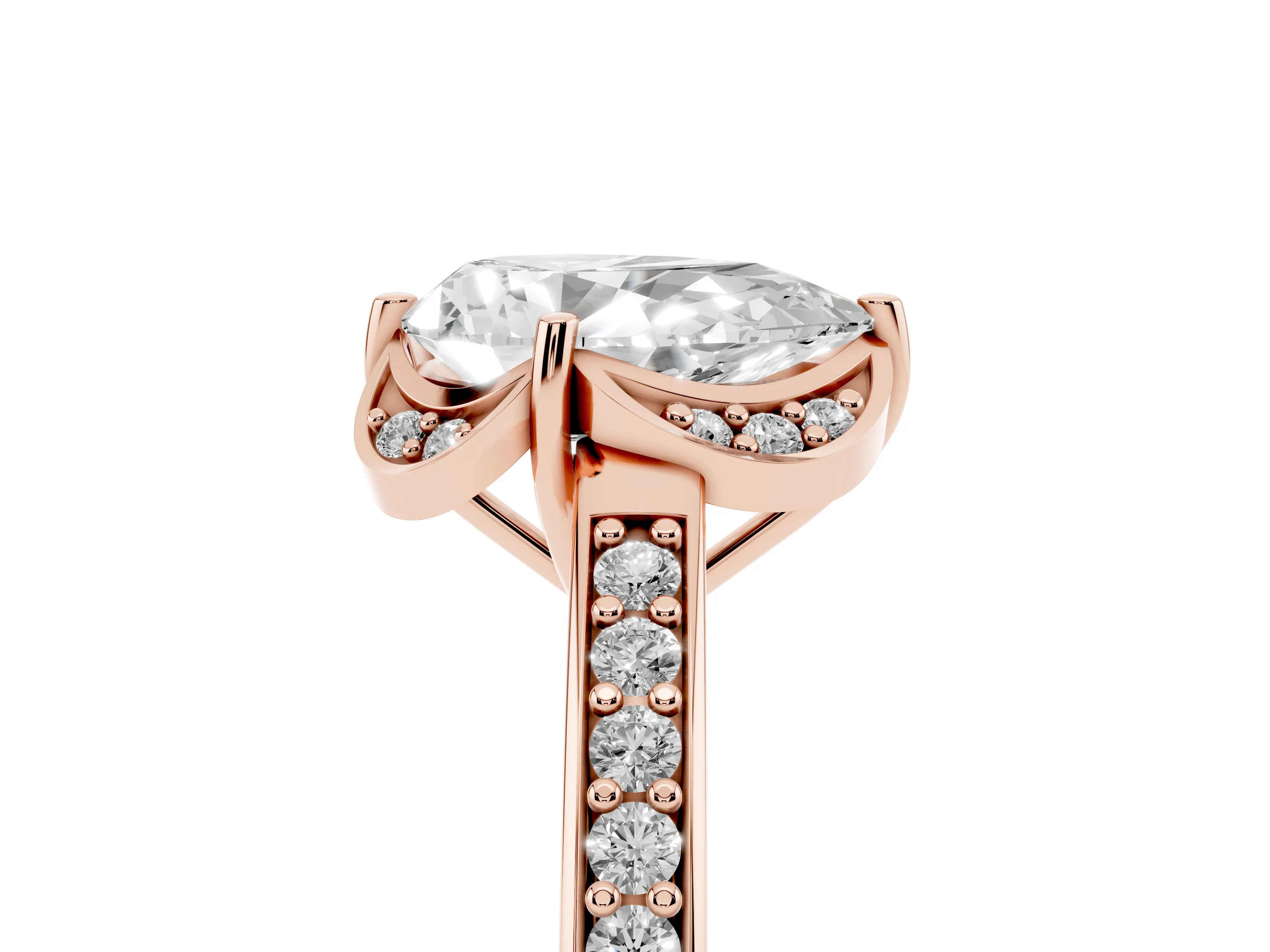 Pear Cut Diamond Halo Ring Set in Rose gold with Channel Set Band and Prong Setting