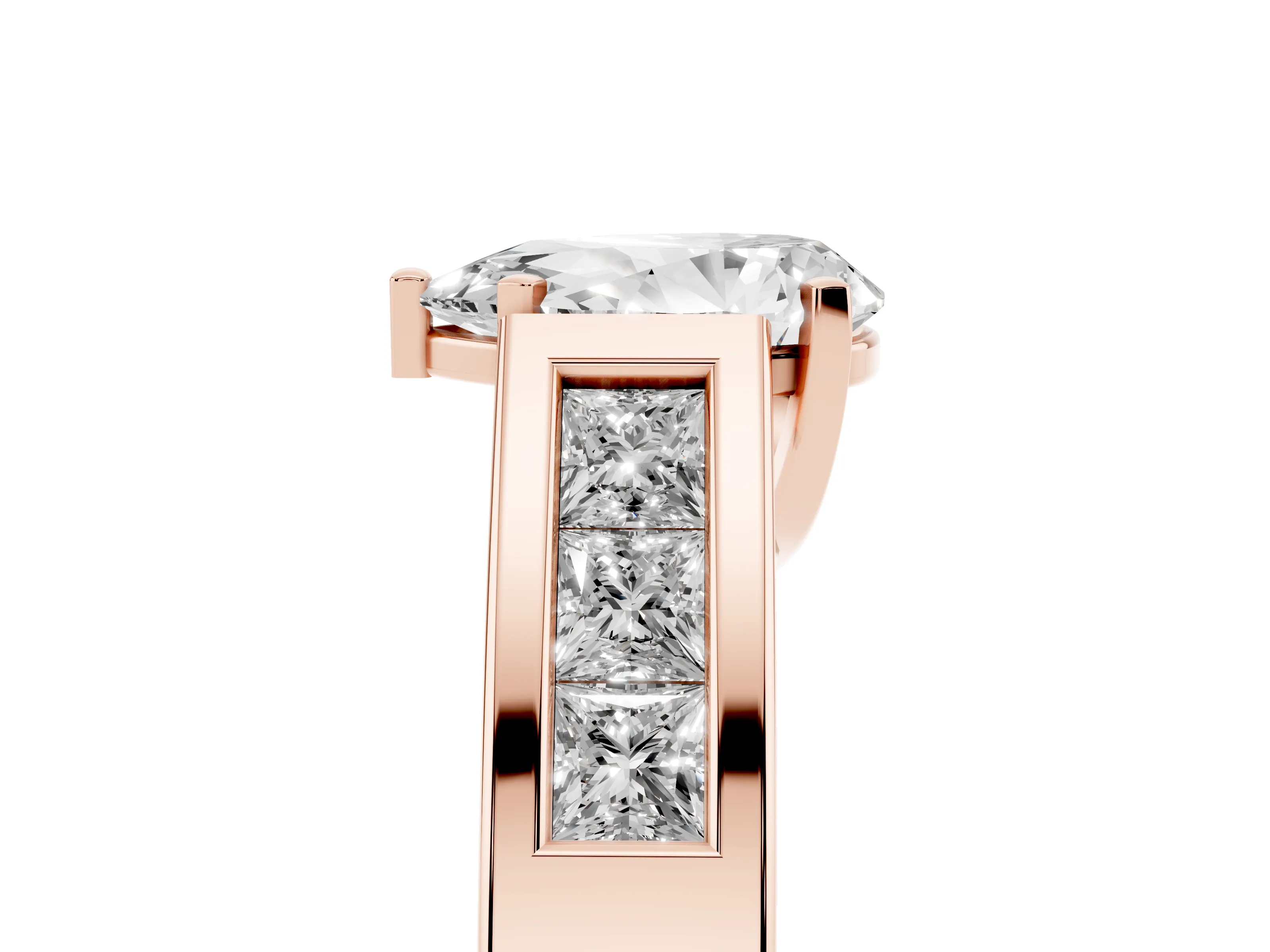 Pear Cut Diamond Solitaire Ring Set in Rose gold with Channel-Set Accent Stones and Prong Setting