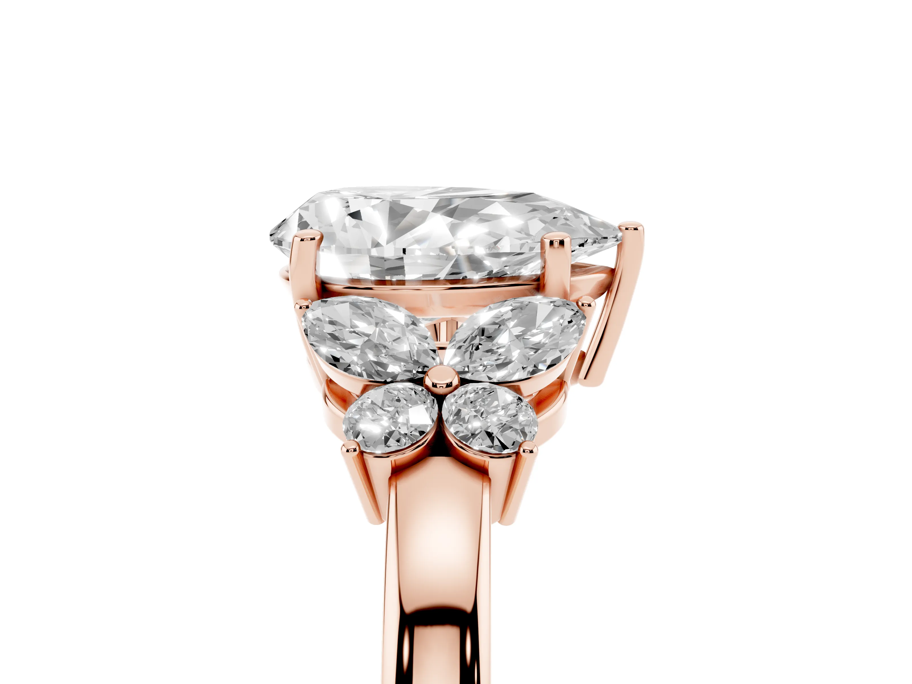 Pear Cut Diamond Solitaire Floral Ring Set in Rose gold with Marquise Petals and Prong Setting