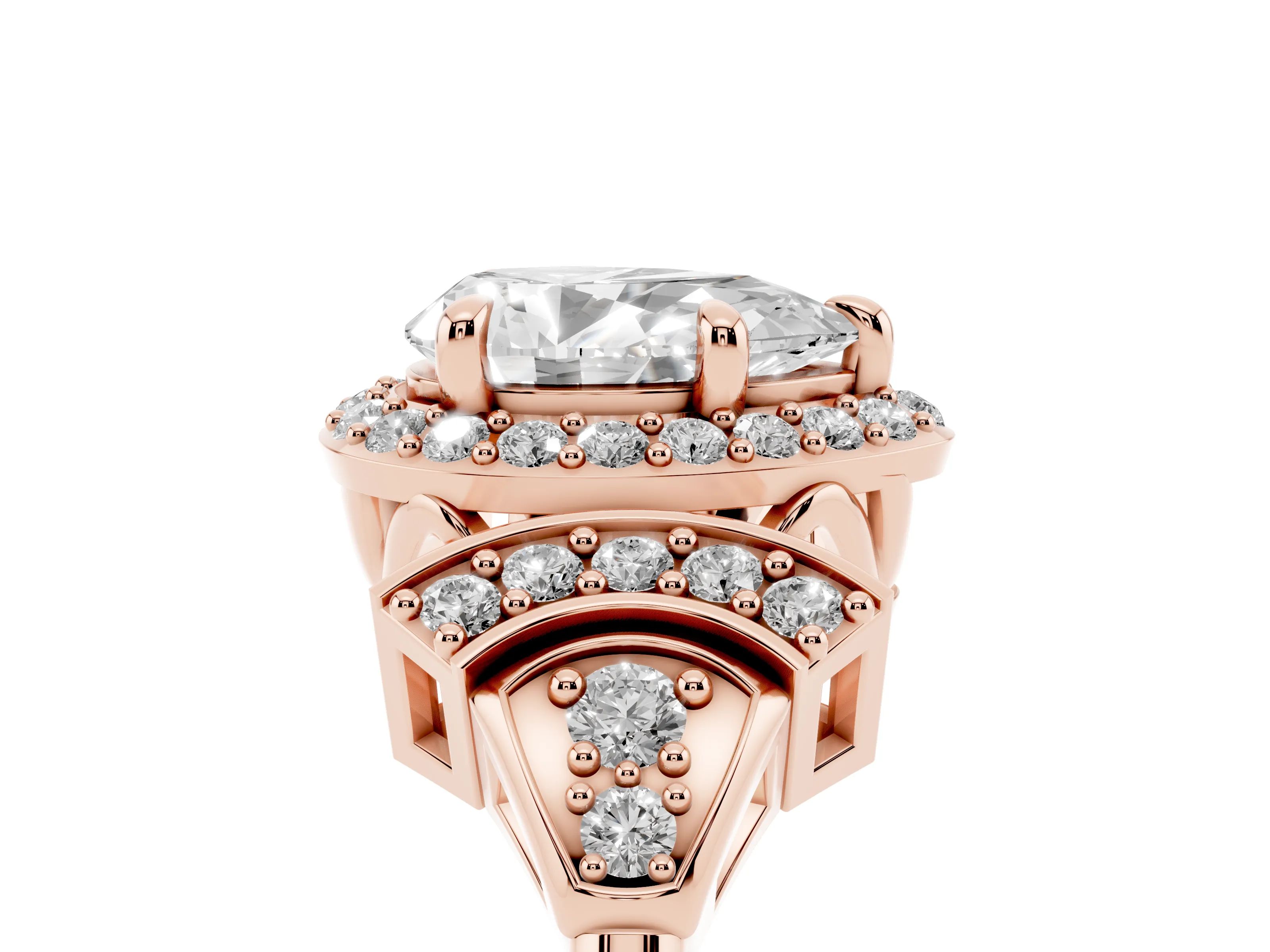 Pear Cut Diamond Halo Engagement Ring Set in Rose gold with Accent Stone Split Shank