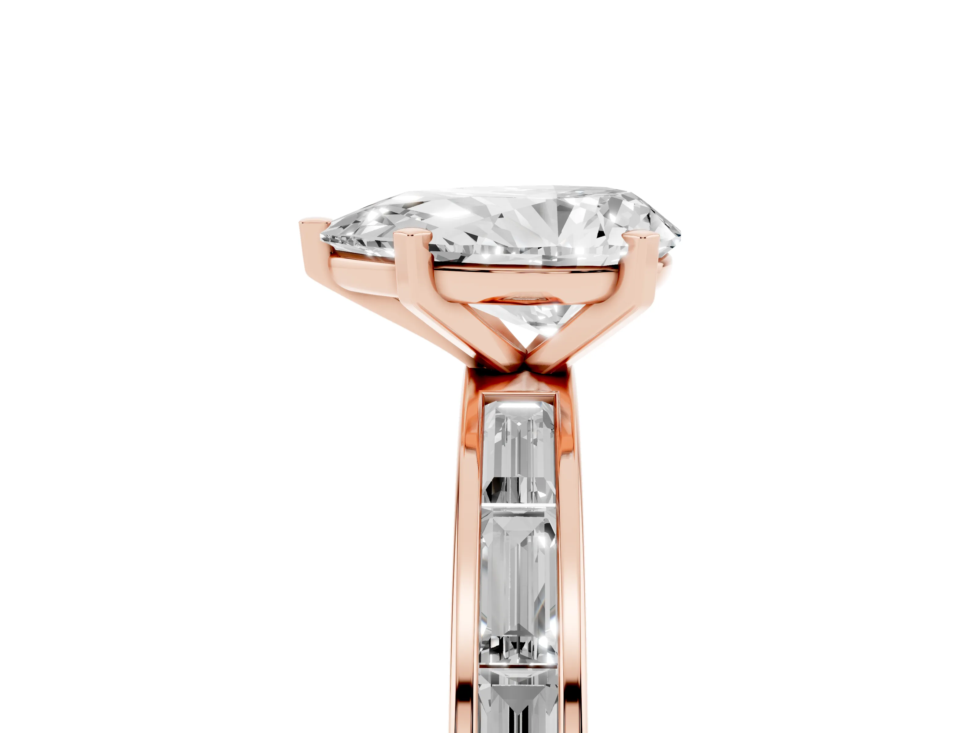 Pear Cut Diamond Solitaire Ring Set in Rose gold with Channel-Set Baguette Band and Prong Setting