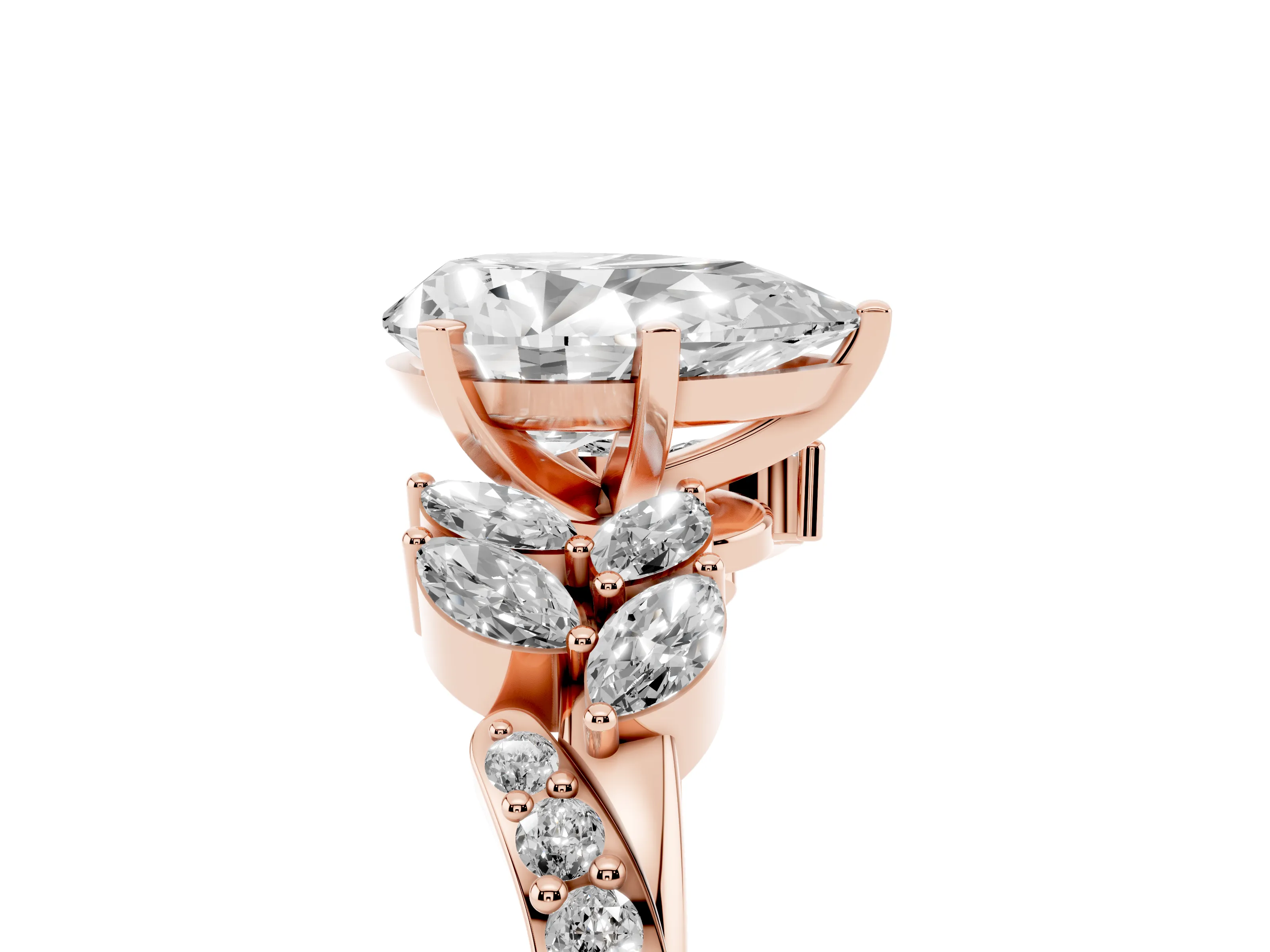 Pear Cut Diamond Solitaire Ring Set in Rose gold with Marquise Twist Band and Prong Setting