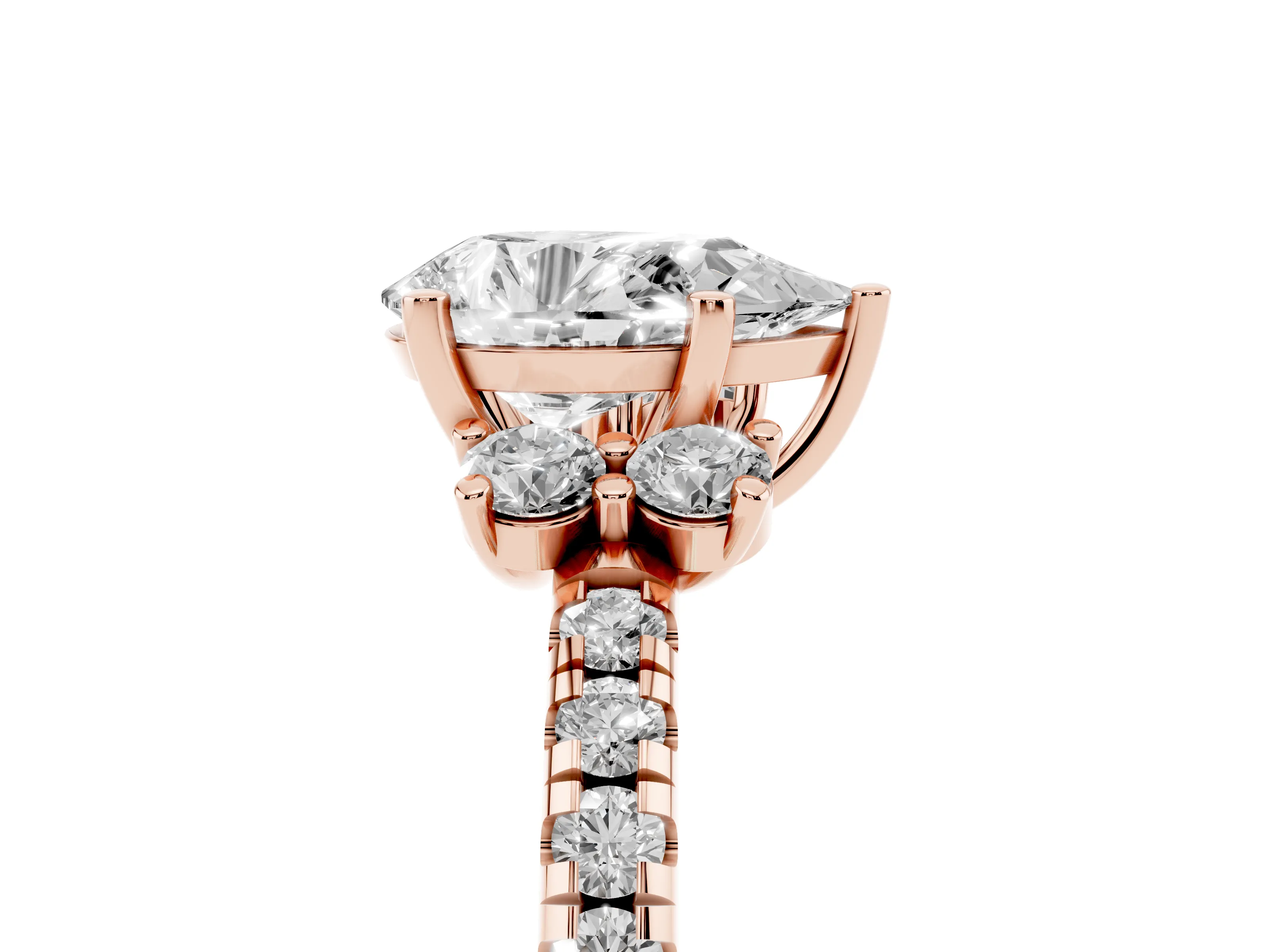 Pear Cut Diamond Three-Stone Pavé Ring Set in Rose gold with Prong Setting