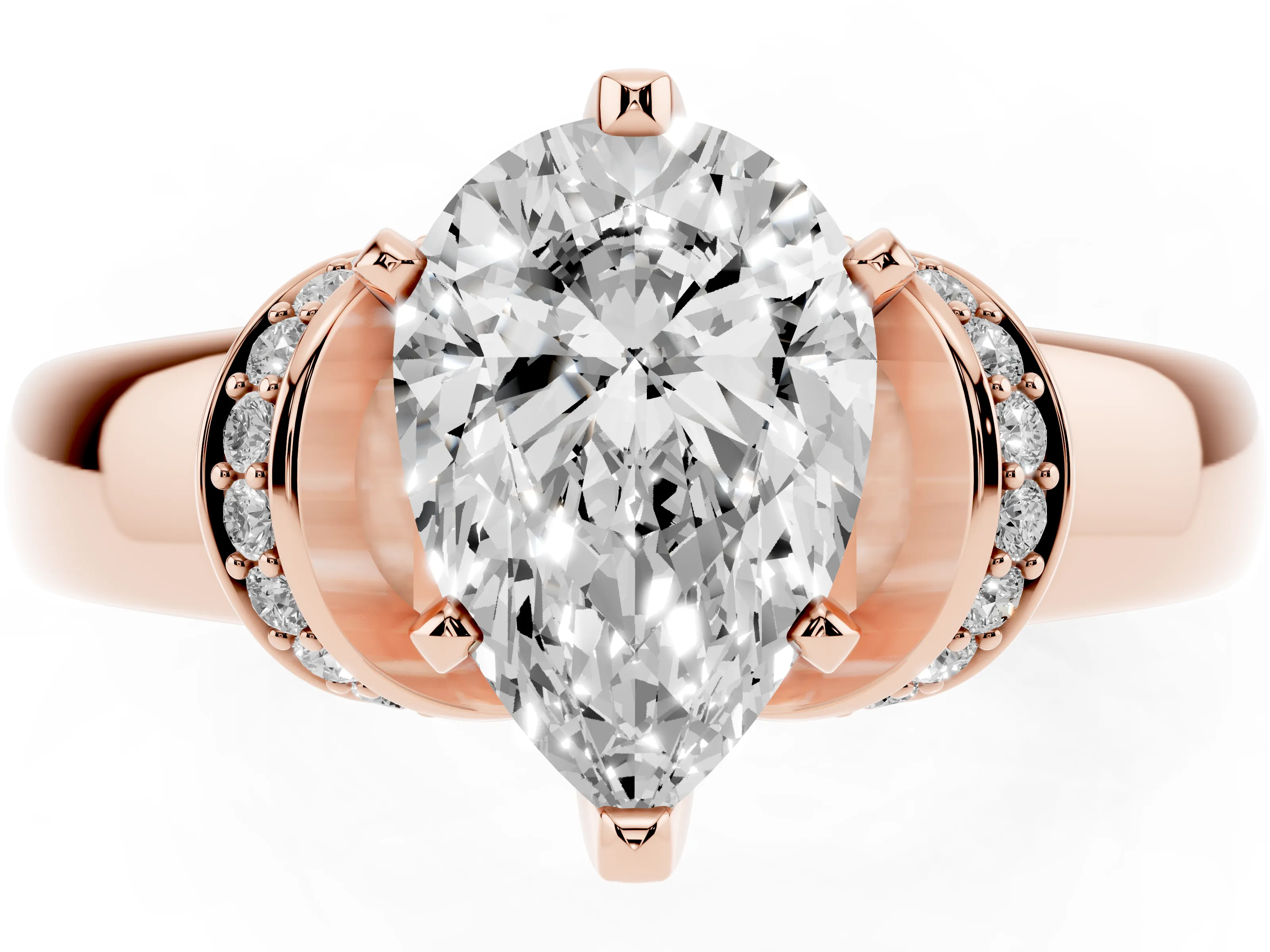 Pear Cut Diamond Pavé Band Solitaire Ring Set in Rose gold with Prong Setting