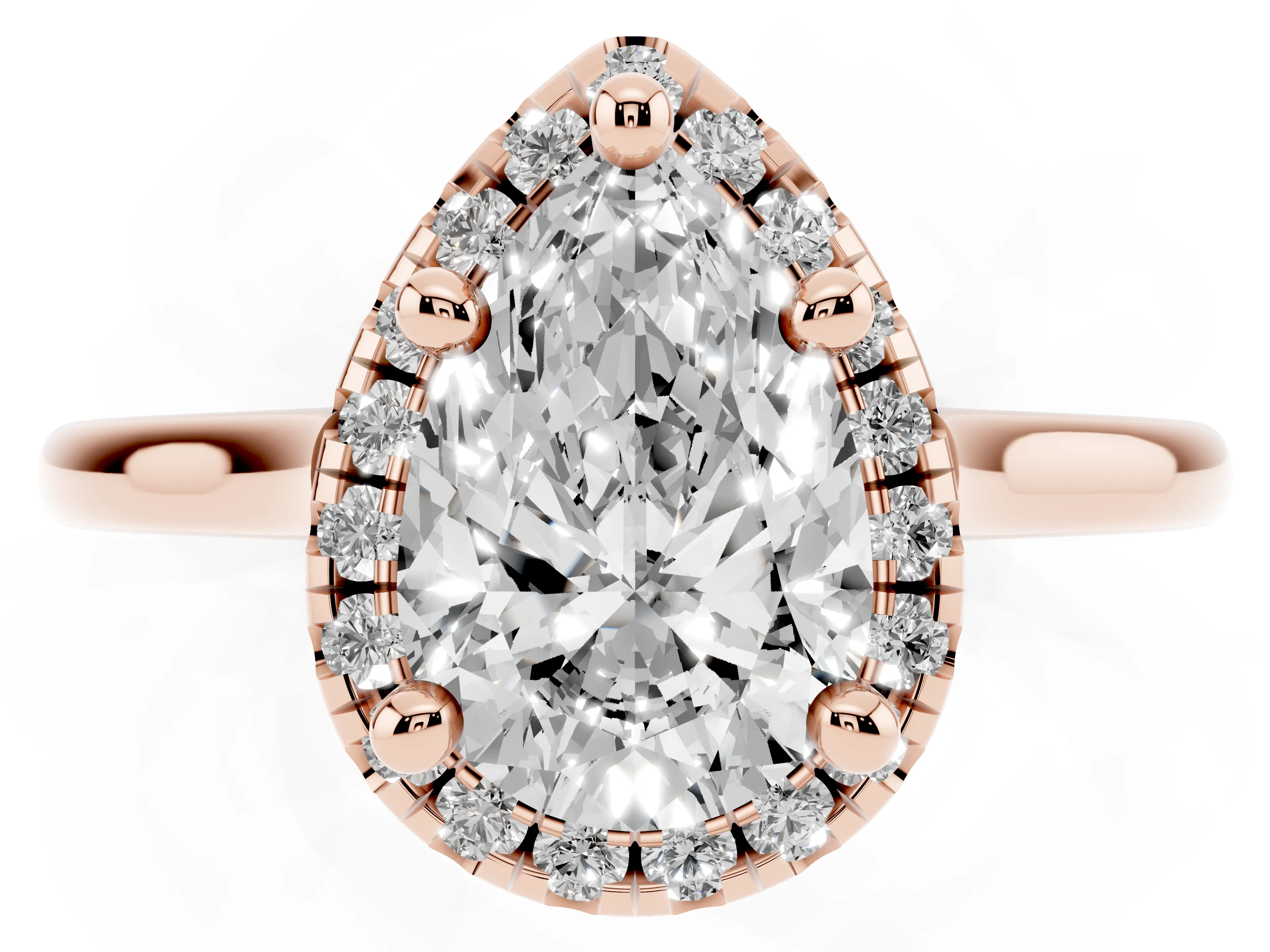 Pear Cut Diamond Halo Engagement Ring Set in Rose gold with Pavé Band and Rising Shoulders