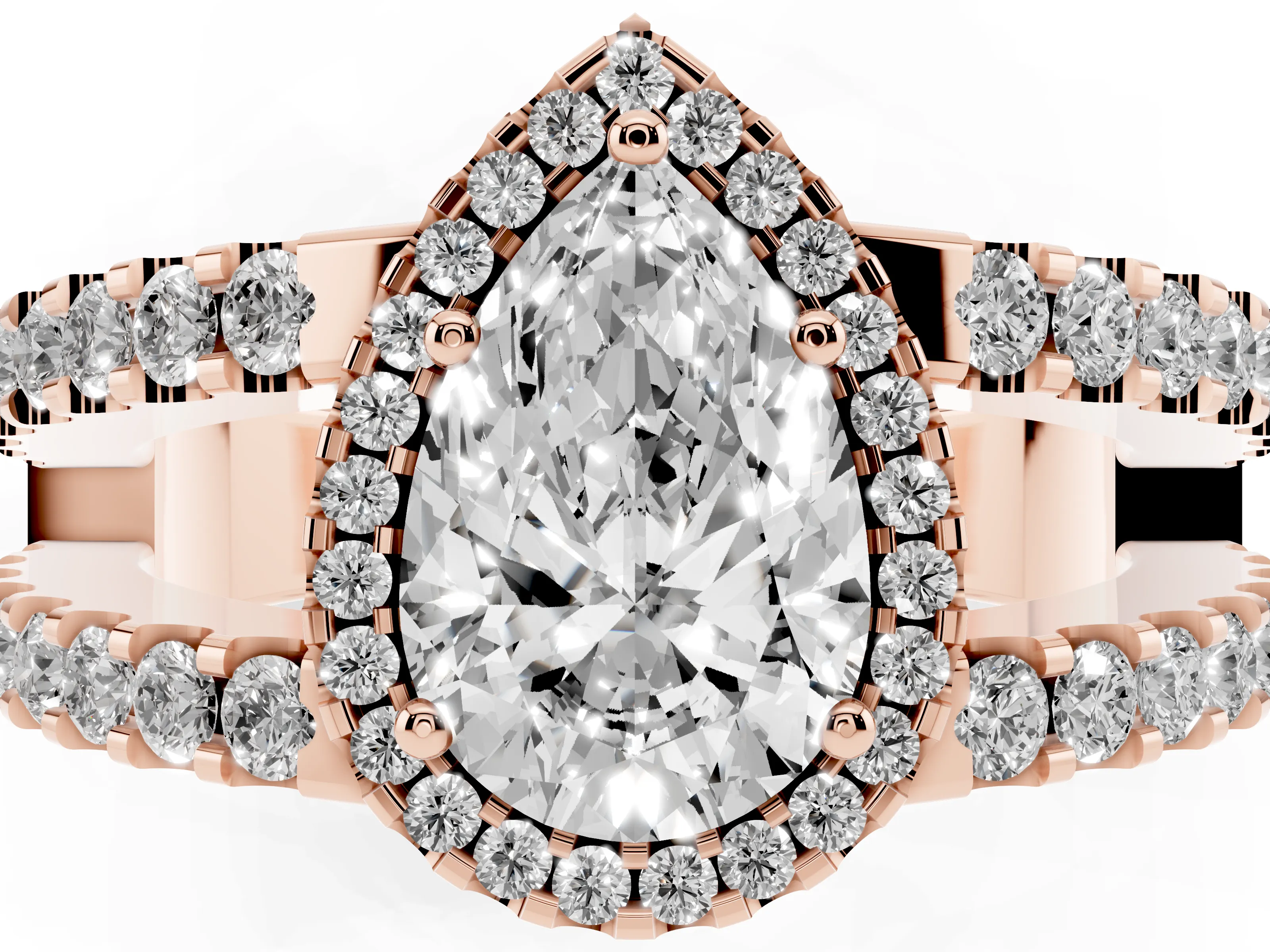 Pear Cut Diamond Halo Ring Set in Rose gold with Pavé Split Shank and Prong Setting
