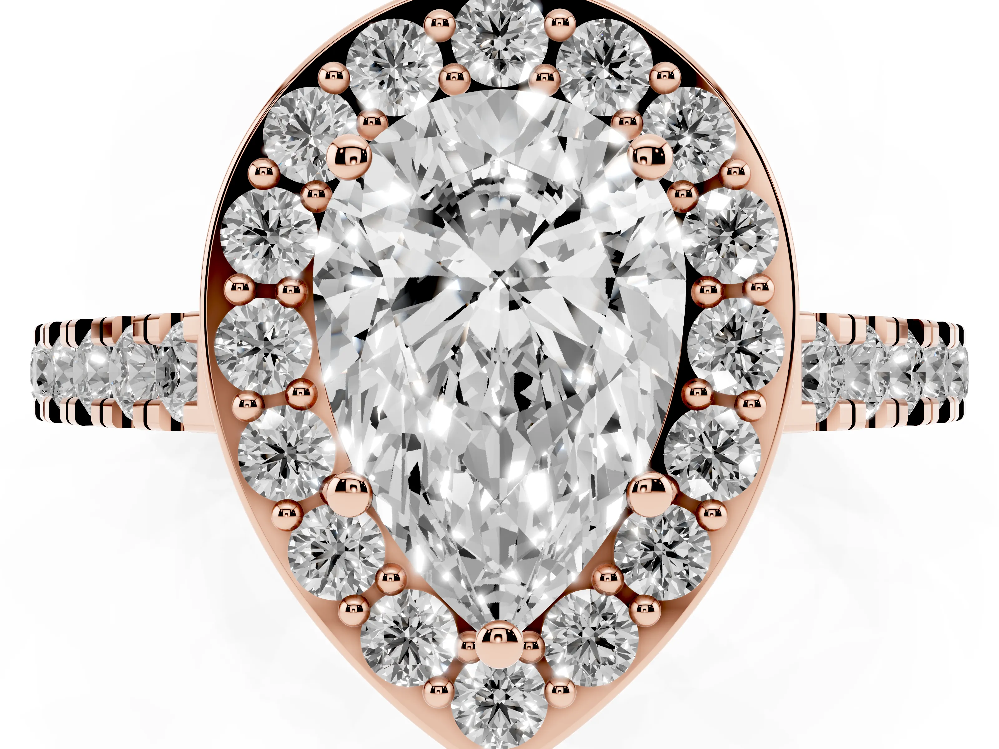 Pear Cut Diamond Halo Ring Set in Rose gold with Round Pavé Split Shank and Prong Setting