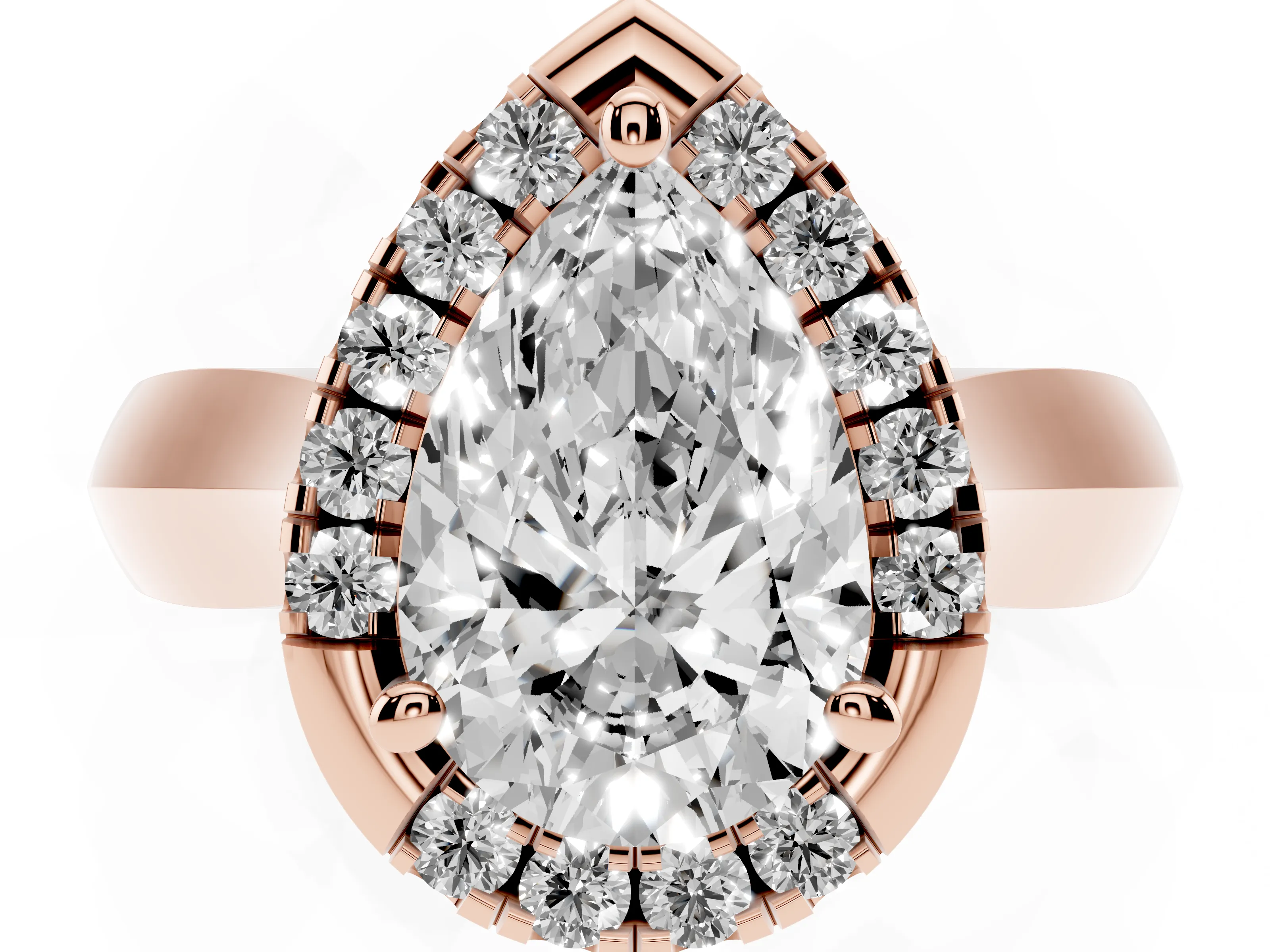 Pear Cut Diamond Halo Solitaire Engagement Ring Set in Rose gold with Square Band and Prong Setting