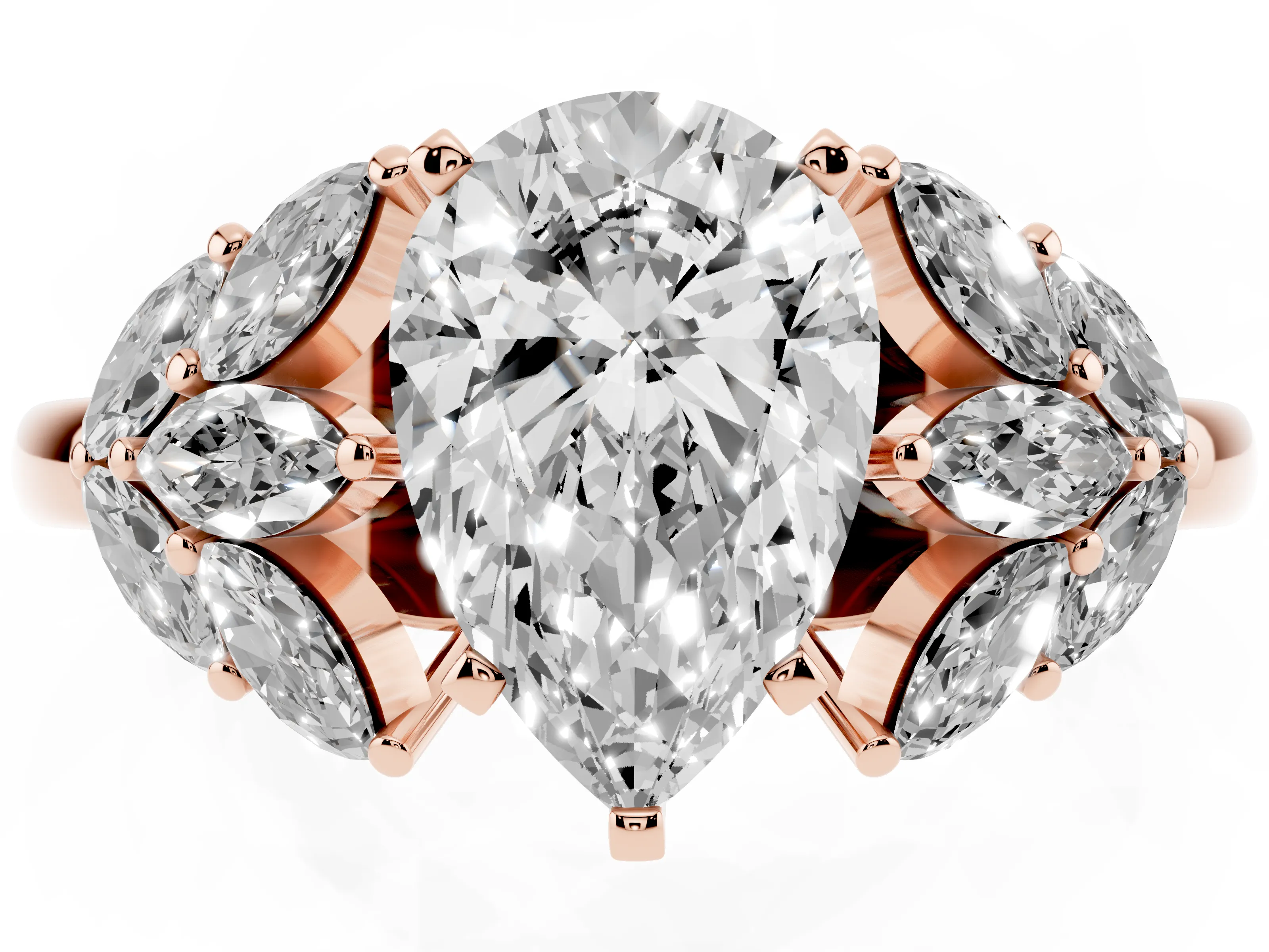 Pear Cut Diamond Cluster Leaf Design Ring Set in Rose gold with Prong Setting