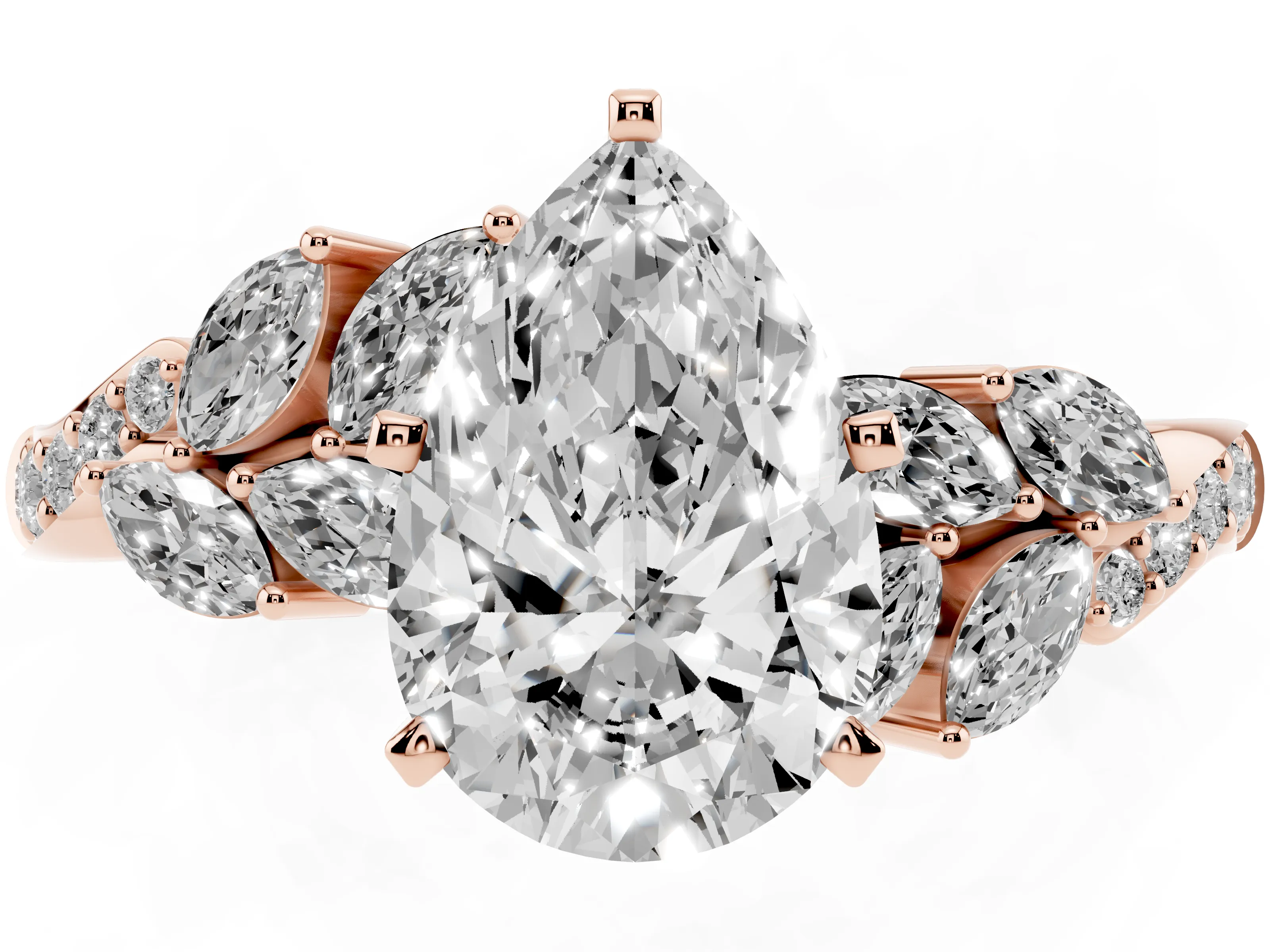 Pear Cut Diamond Solitaire Ring Set in Rose gold with Marquise Twist Band and Prong Setting