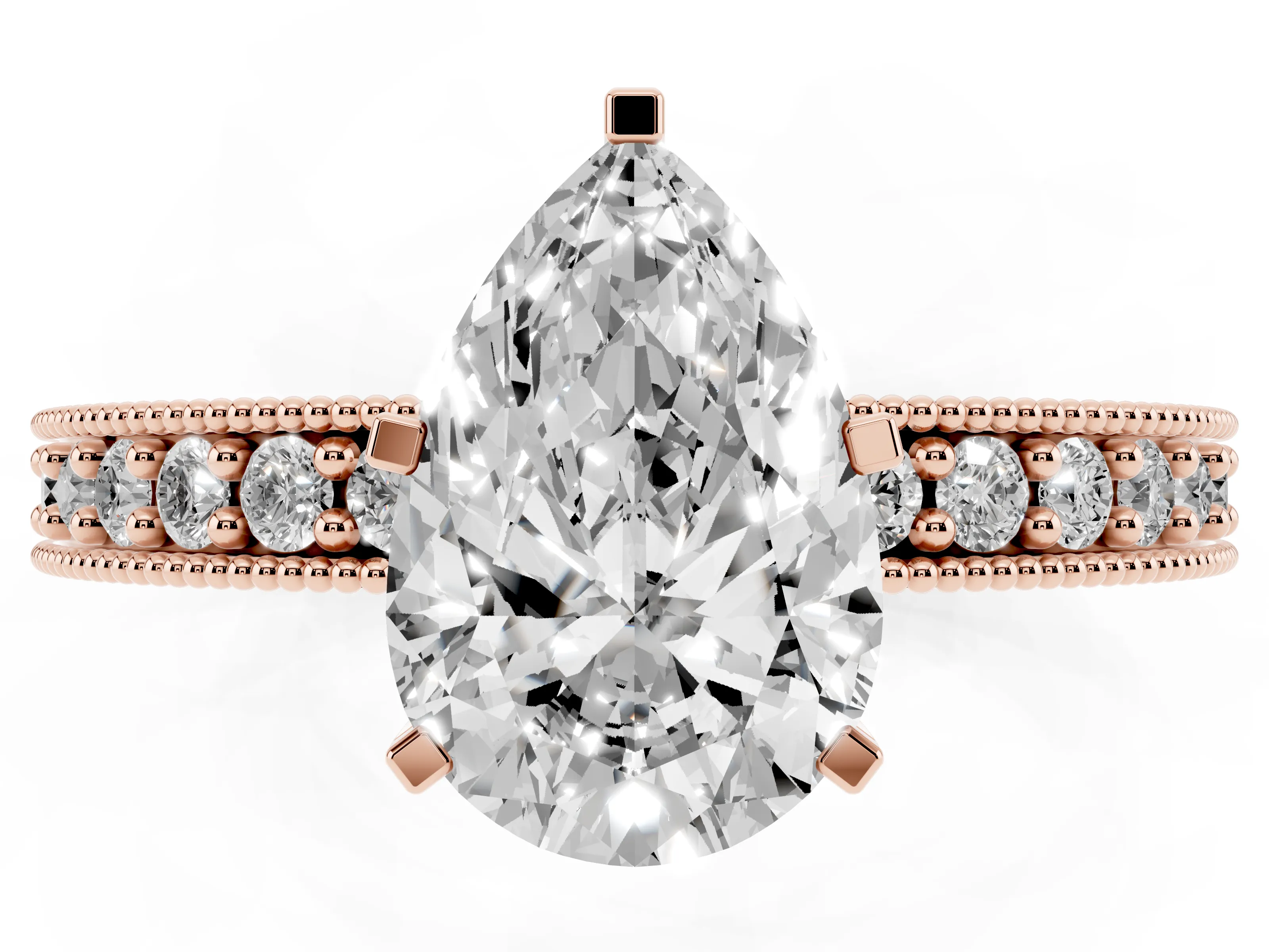 Pear Cut Diamond Milgrain Pavé Engagement Ring Set in Rose gold with Prong Setting