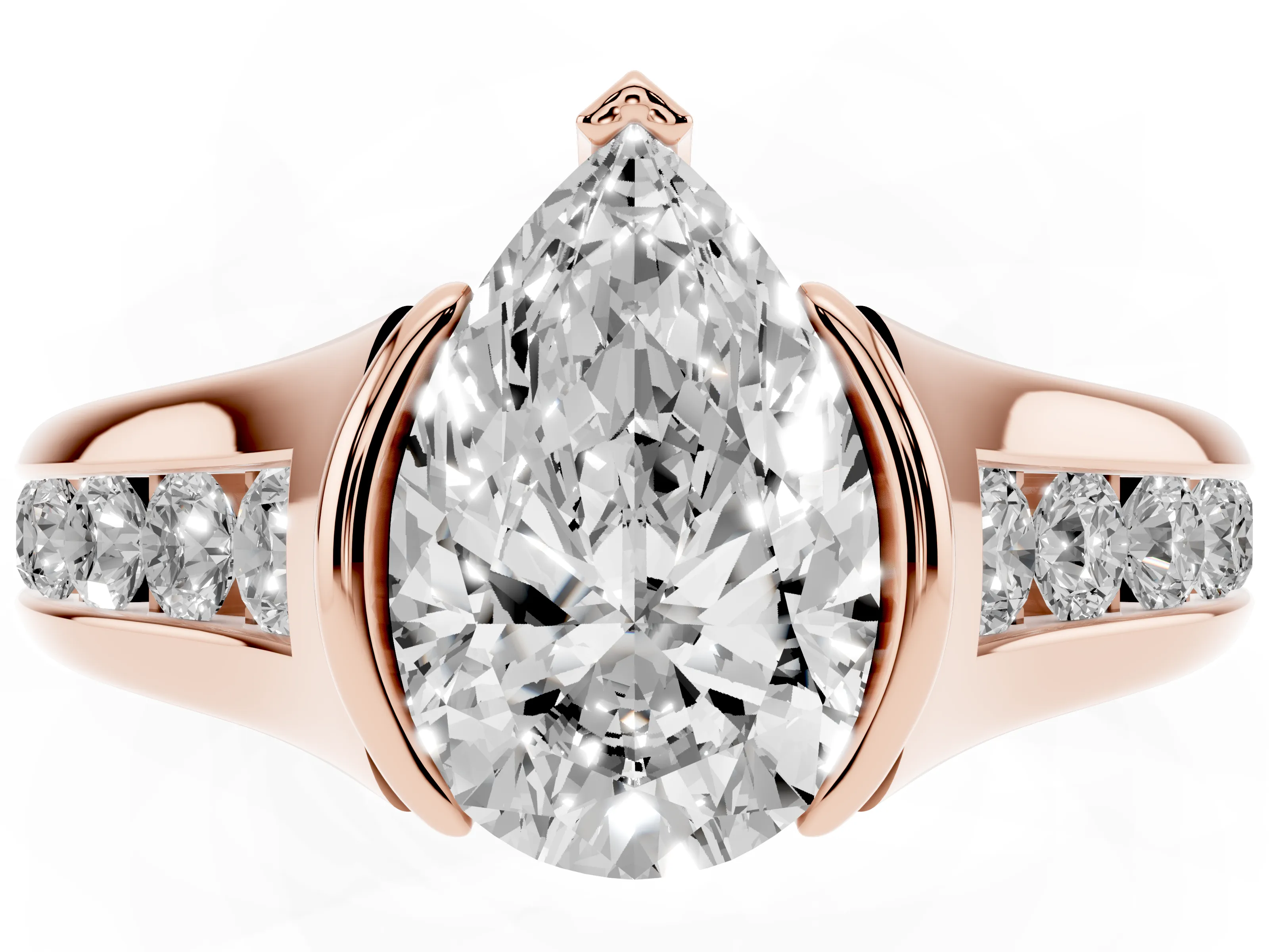 Pear Cut Diamond Bezel-Set Solitaire Ring Set in Rose gold with Channel-Set Band