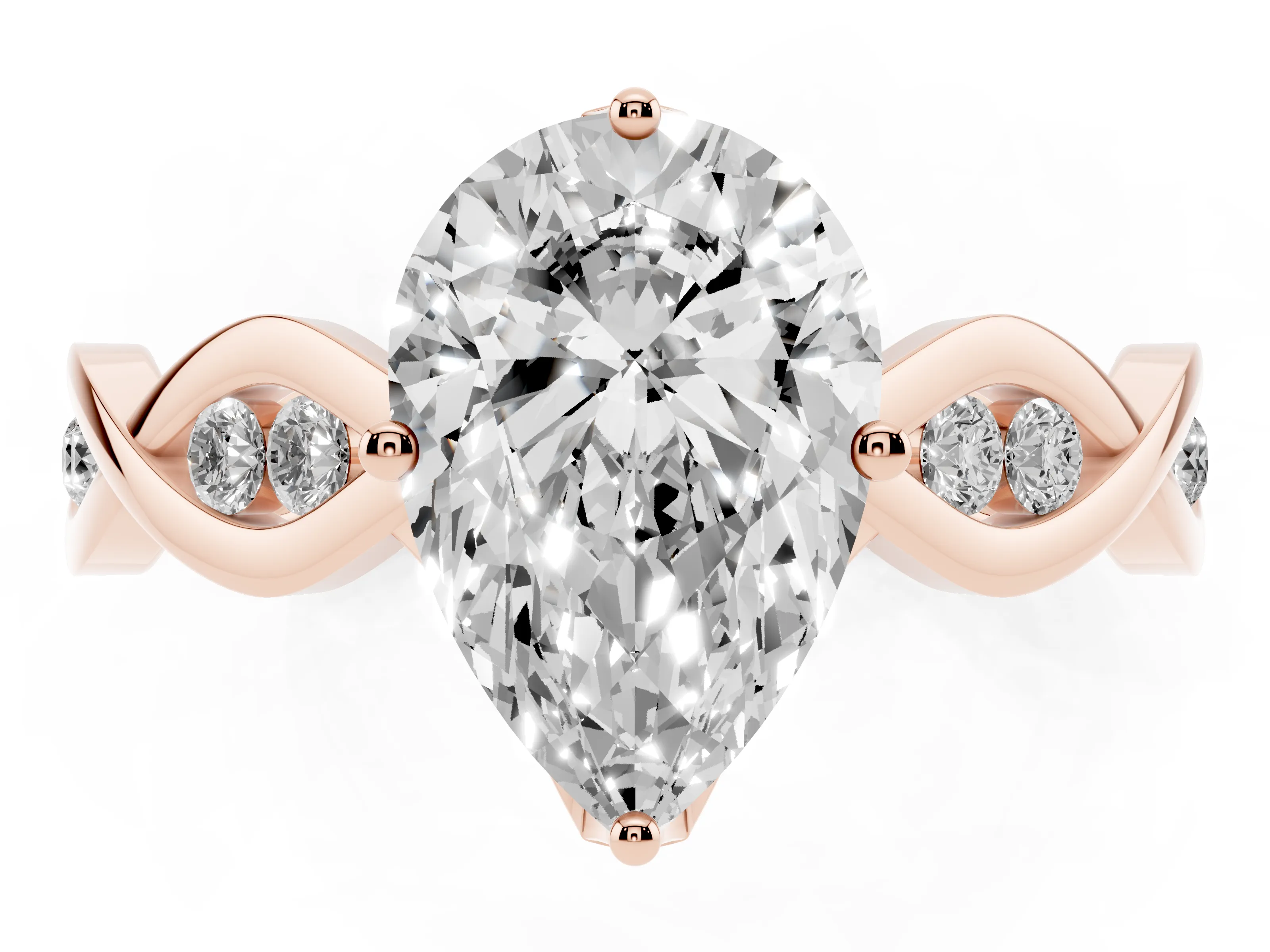 Pear Cut Diamond Twist Band Solitaire Ring Set in Rose gold with Leaf Prong Setting and Accent Stones