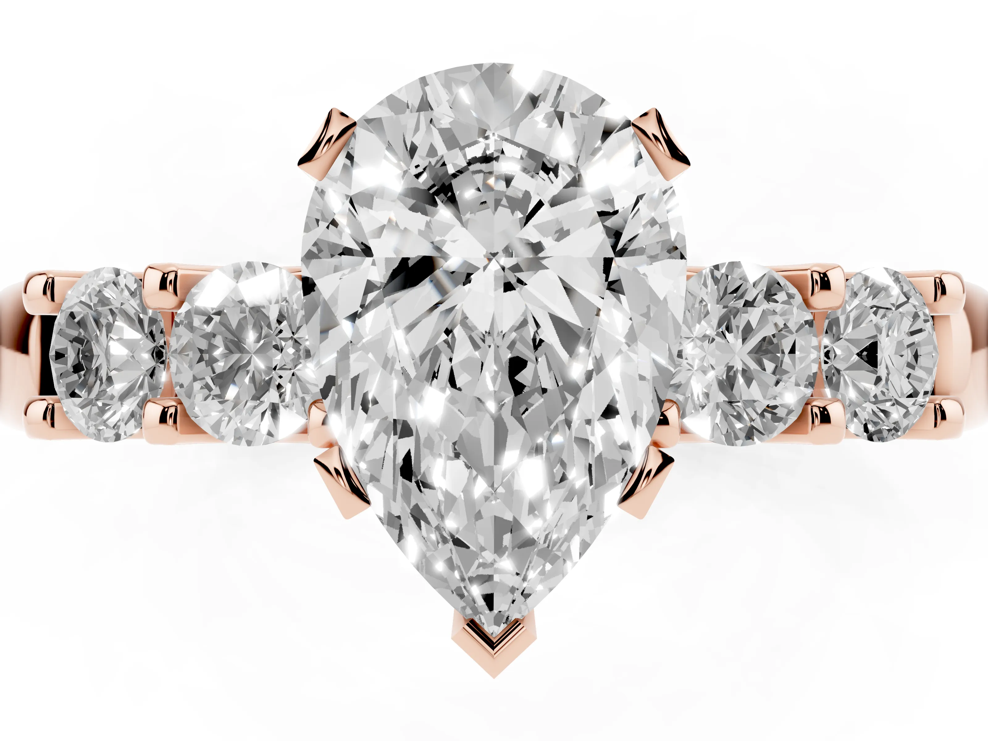 Pear Cut Diamond Five-Stone Prong Set Engagement Ring Set in Rose gold with Channel Band