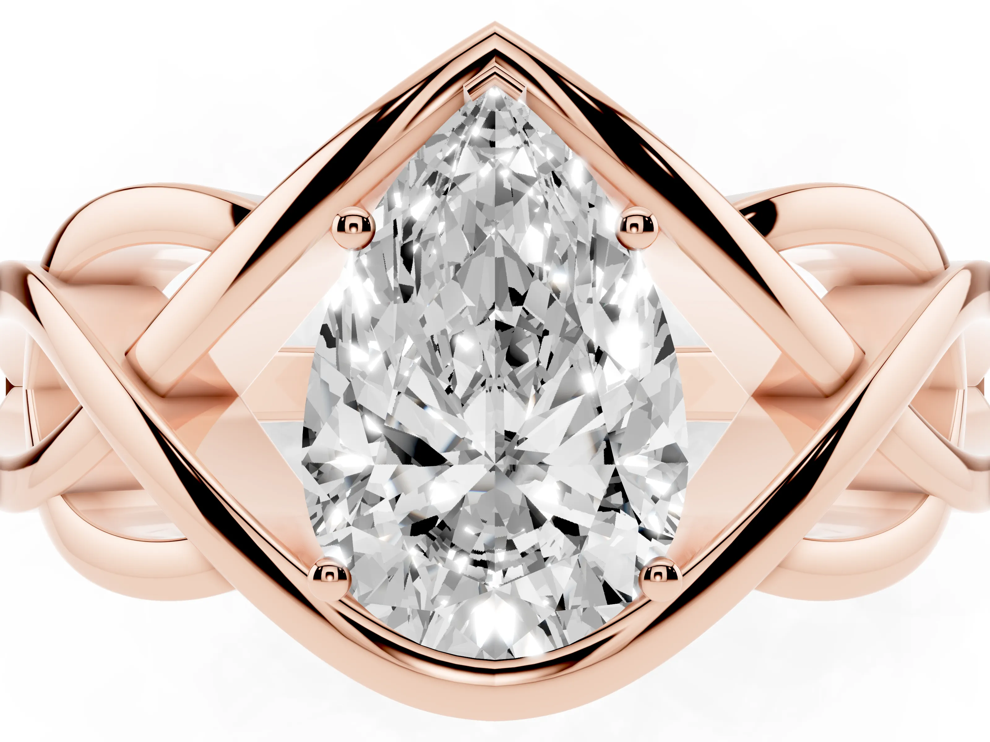 Pear Cut Diamond Solitaire Ring Set in Rose gold with Intertwined Band