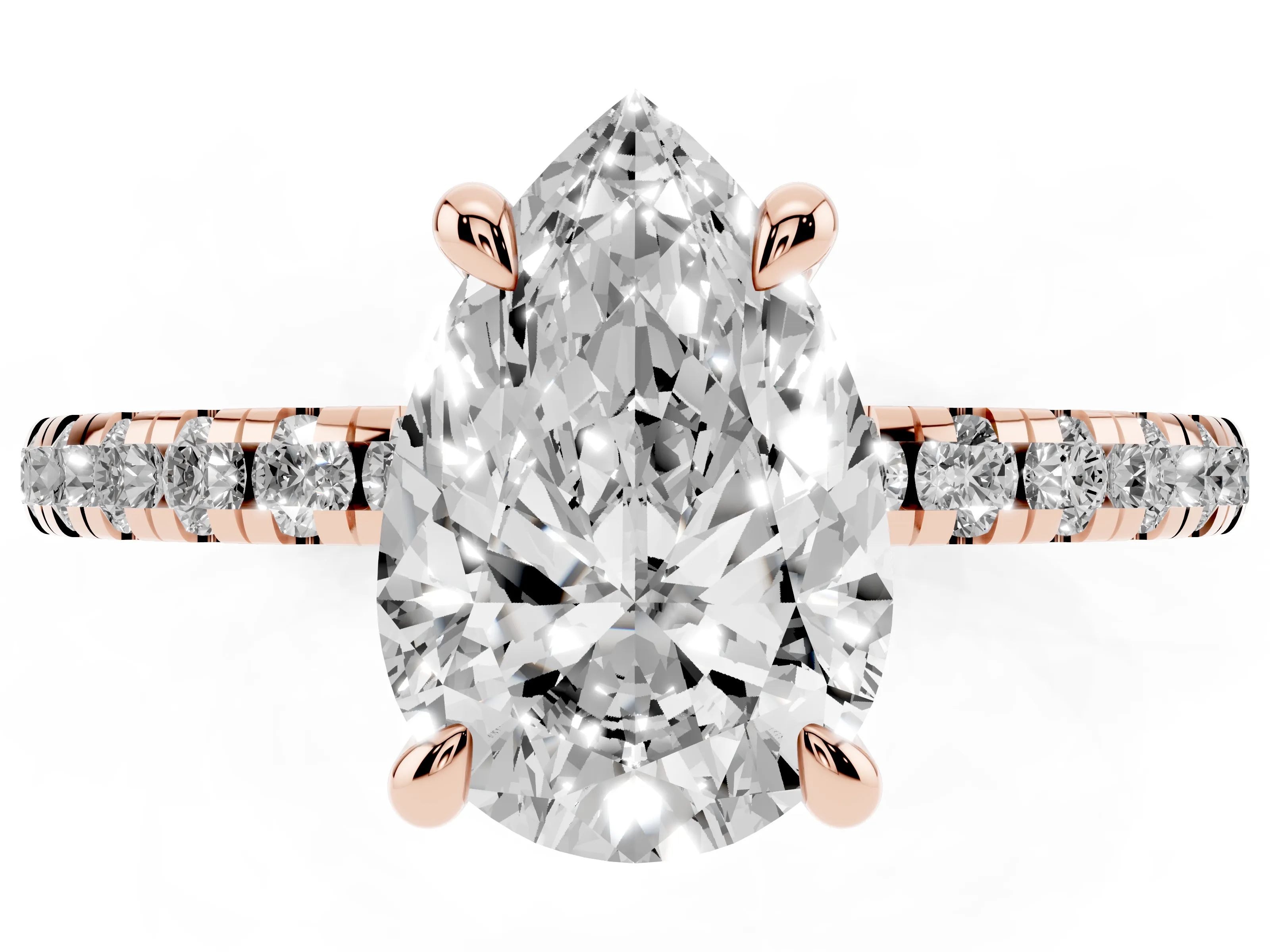 Pear Cut Diamond Brilliant Solitaire Ring Set in Rose gold with Pavé Band and Prong Setting