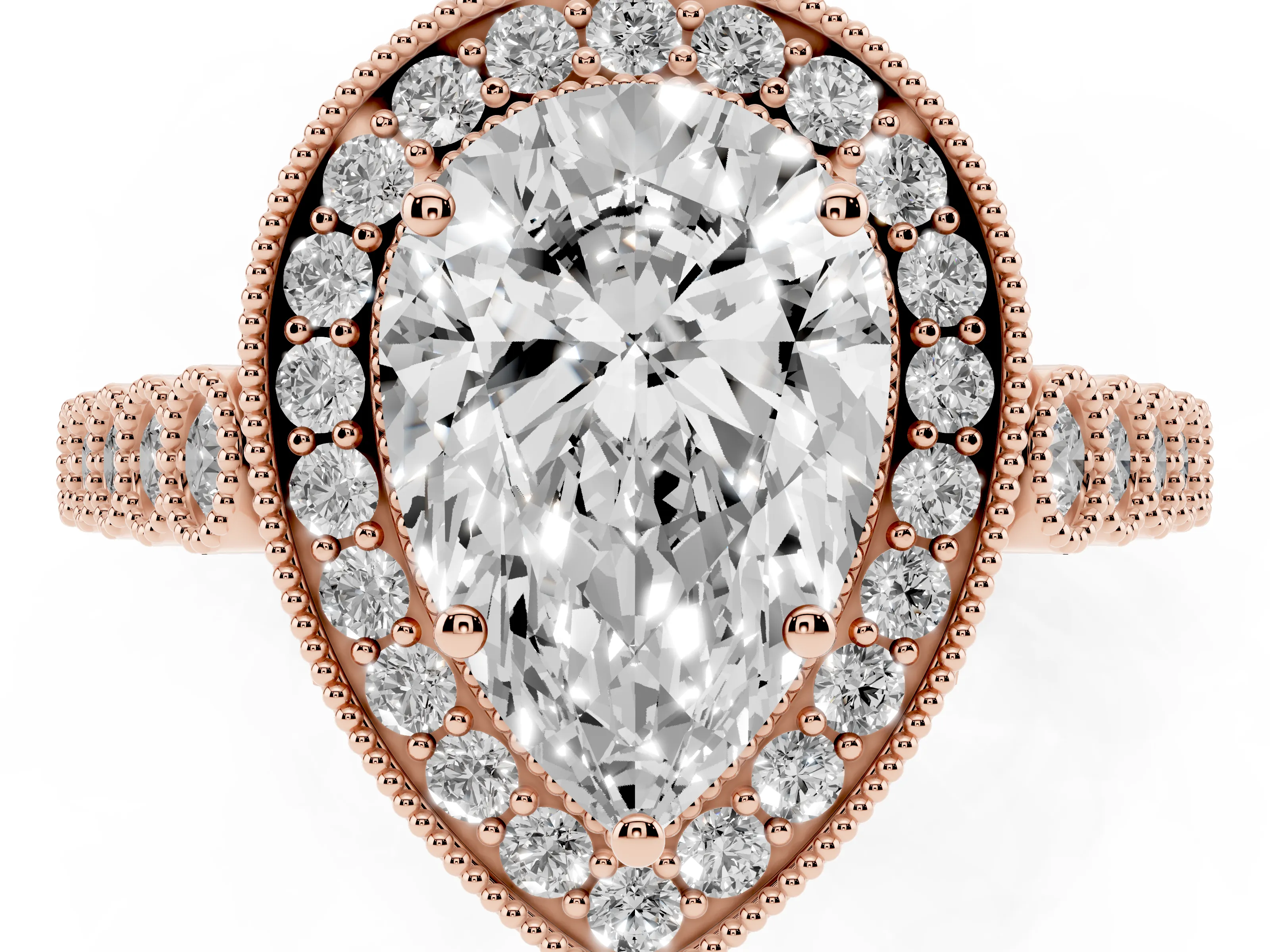 Pear Cut Diamond Milgrain Halo Solitaire Ring Set in Rose gold with Bezel Set Side Stones and Pavé Band